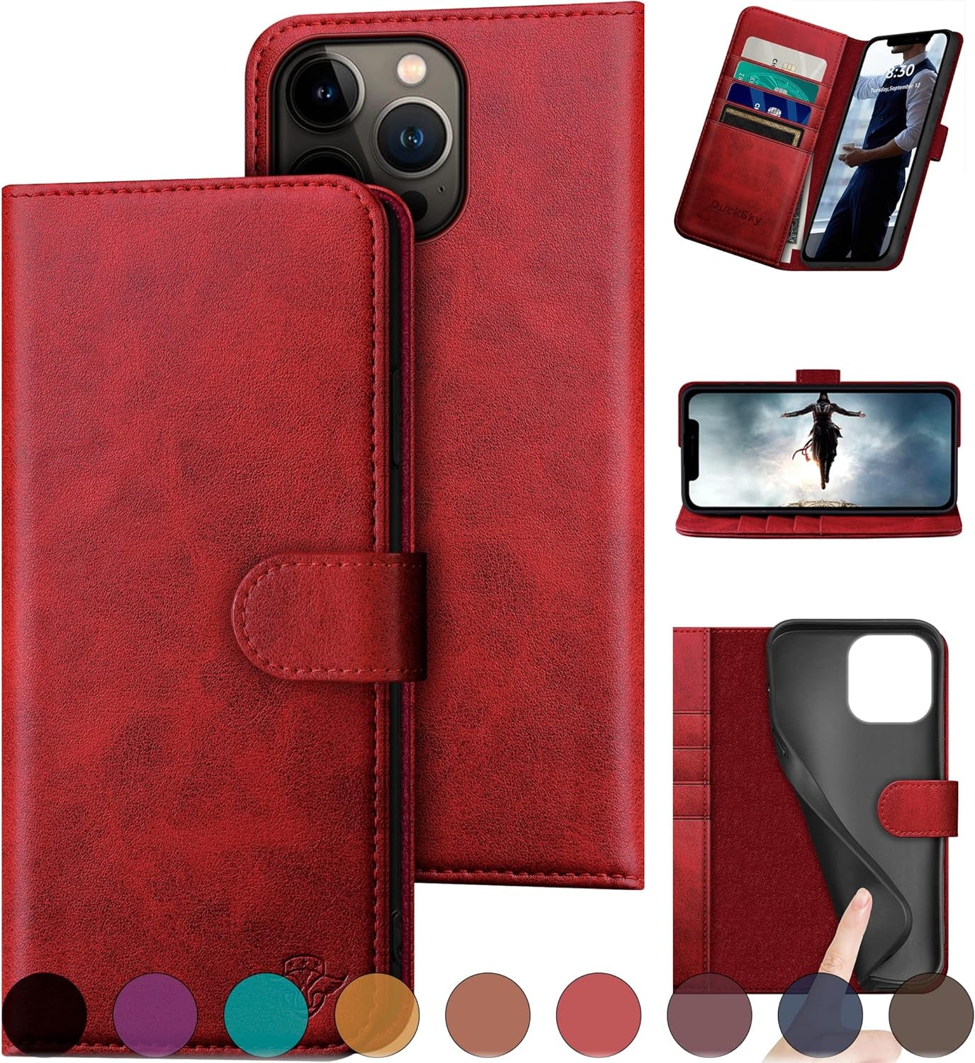 Ducksky for Iphone 15 Pro 6.1" Genuine Leather Wallet Case 【RFID Blocking】【4 Credit Card Holder】【Real Leather】 Flip Folio Book Phone Case Protective Cover Women Men for Apple 15 Pro Case Khaki  DuckSky Red  