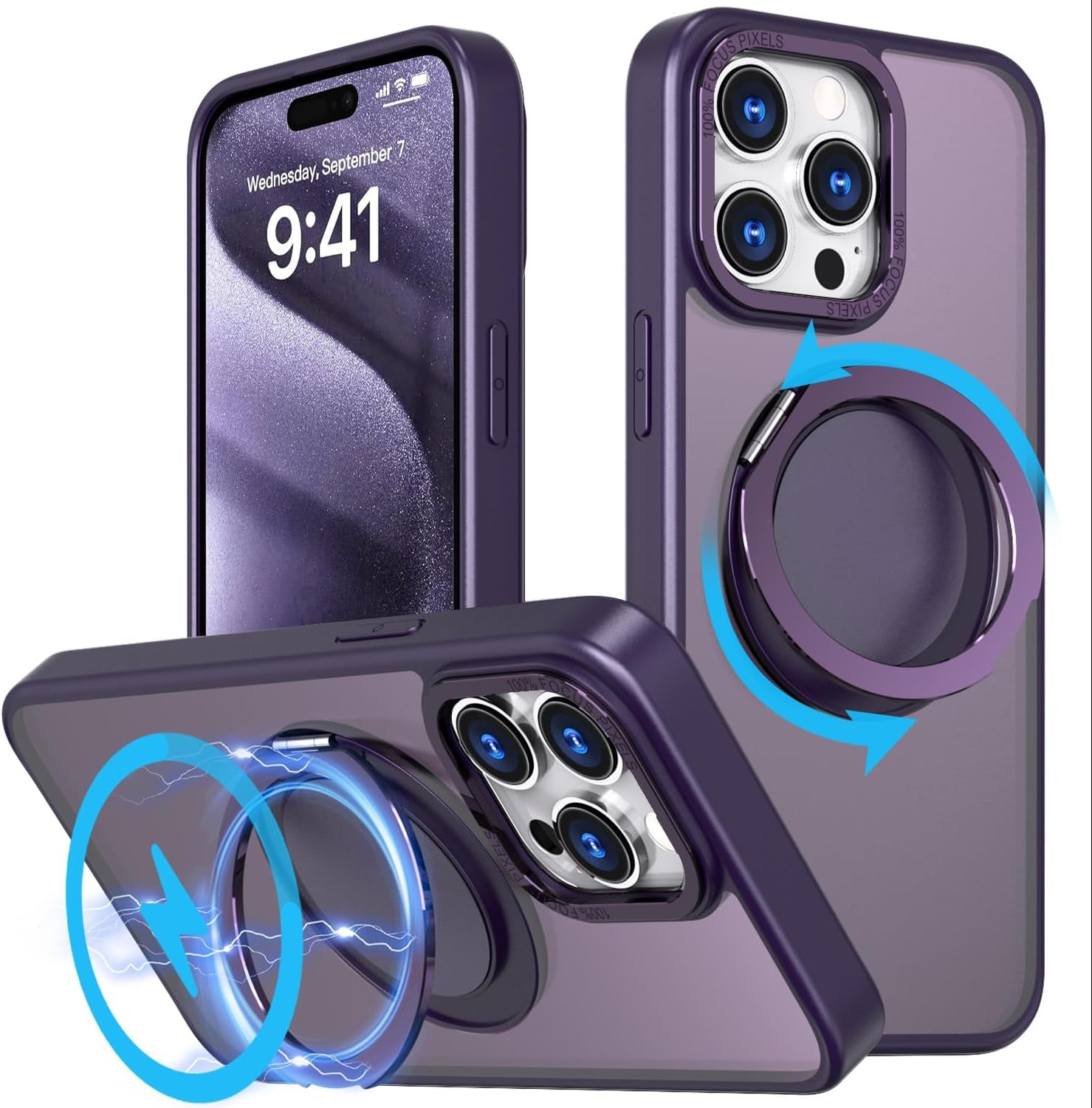 Mangix for Iphone 15 Pro Max Case,360° Rotatable & Invisible Magnetic Ring Stand Compatible with Magsafe, Anti-Fingerprint Protective Cover Translucent Back for Iphone 15 Promax Case (Black)  Mangix   