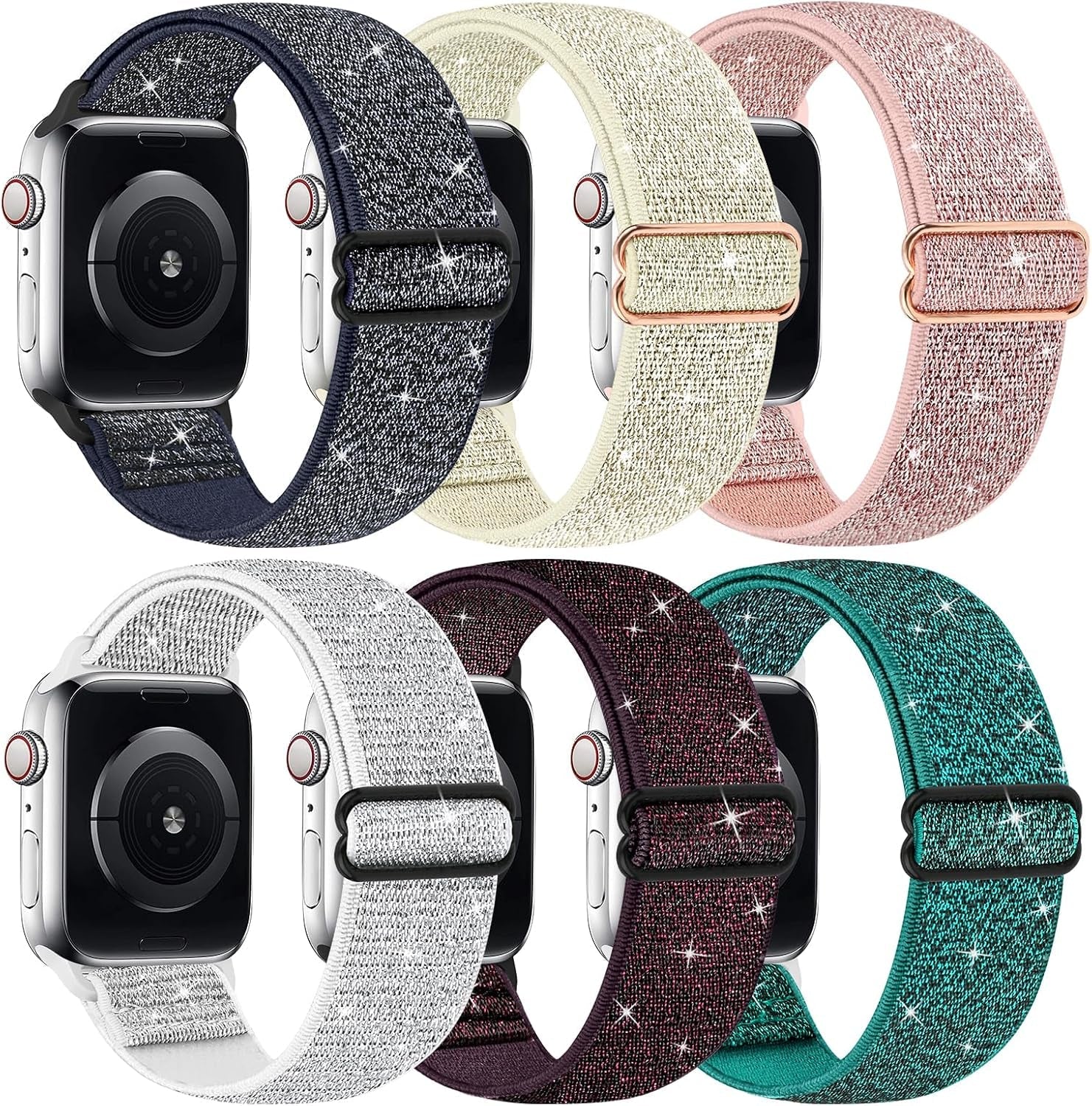 Bling Nylon Stretchy Bands Compatible with Apple Watch Bands 38Mm 40Mm 41Mm 42Mm 44Mm 45Mm 49Mm for Women Girls, Adjustable Braided Solo Loop Sport Bands for Iwatch Series 9 8 7 6 SE 5 4 3 2 1, 6 Packs