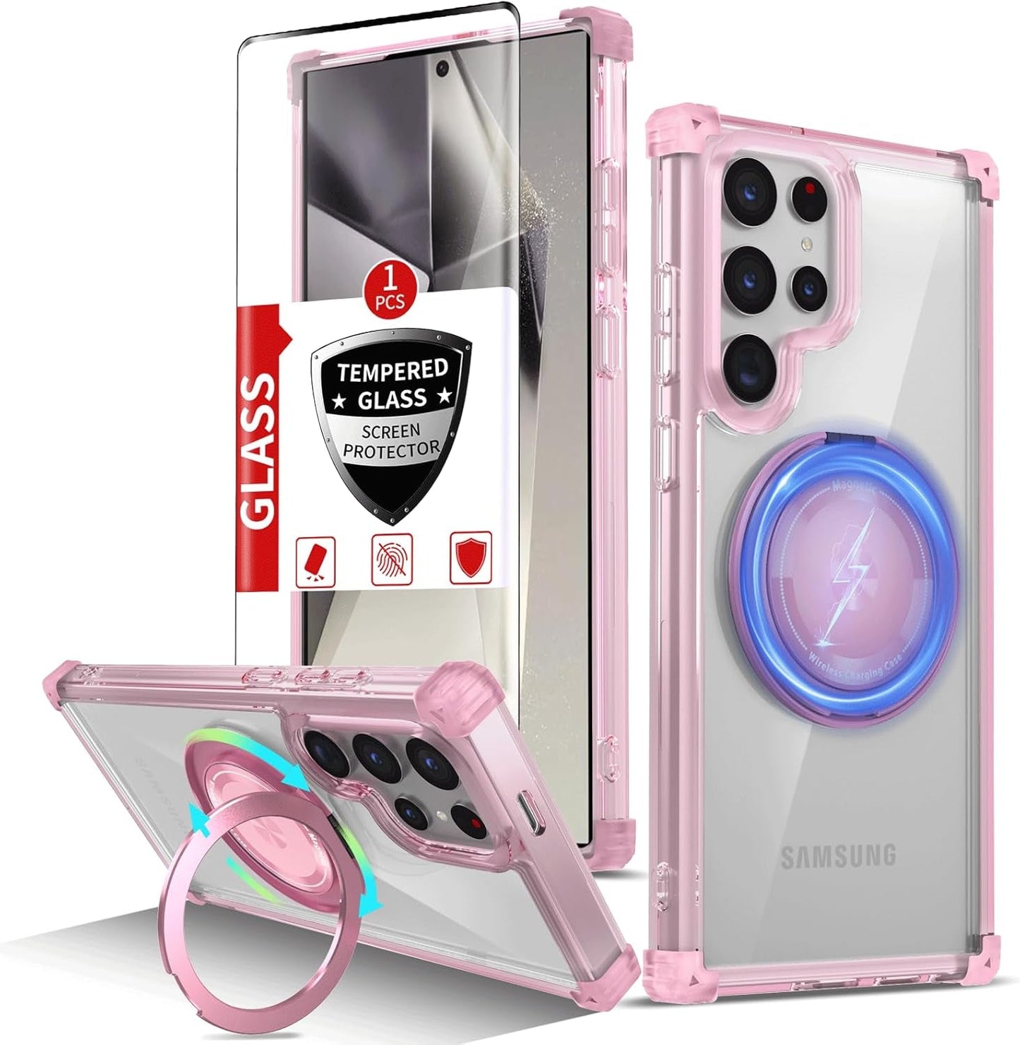 For Samsung Galaxy S22 Ultra Case Magnetic Compatible with Magsafe Galaxy S22Ultra Case with Glass Screen Protector,With Kickstand Military Grade Drop Protection Shockproof S22Ultra Case Clear