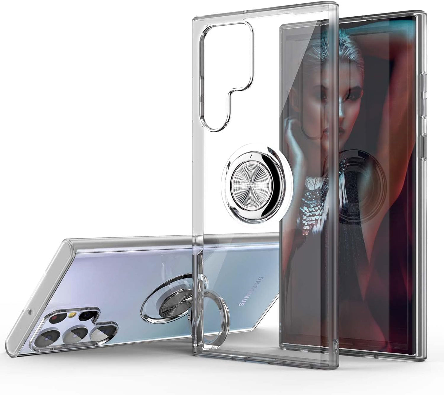 Galaxy S22 Ultra Case, Clear Body Soft TPU Shockproof Case with 360 Degree Rotation Ring Kickstand(Work with Magnetic Car Mount) for Samsung Galaxy S22 Ultra (Clear)