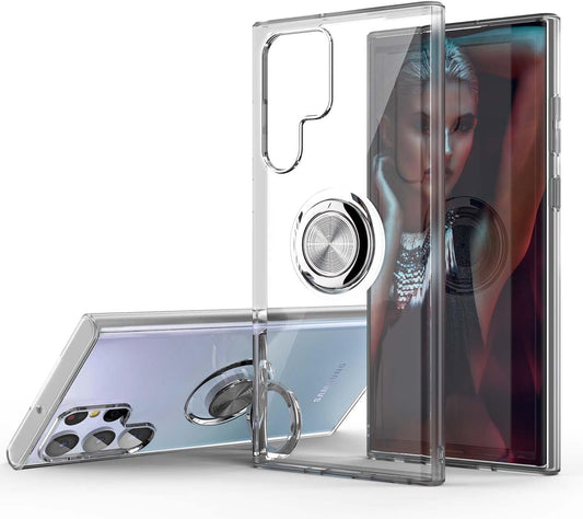 Galaxy S22 Ultra Case, Clear Body Soft TPU Shockproof Case with 360 Degree Rotation Ring Kickstand(Work with Magnetic Car Mount) for Samsung Galaxy S22 Ultra (Clear)