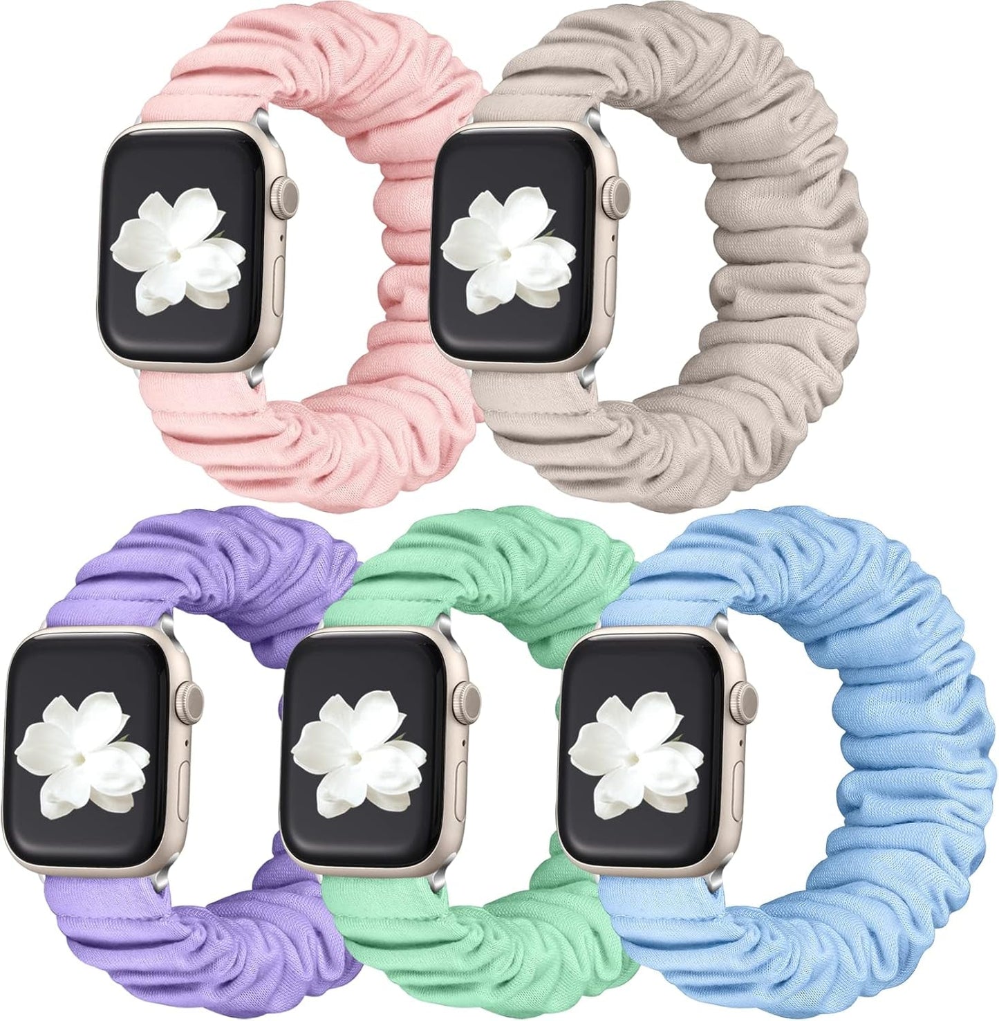 Adorve 5 Pack Scrunchie Bands Compatible with Apple Watch Band 38Mm 40Mm 41Mm 42Mm 44Mm 45Mm 49Mm for Women, Cute Fabric Scrunchy Adjustable Elastic Strap for Iwatch SE Ultra Series 8 7 6 5 4 3 2 1