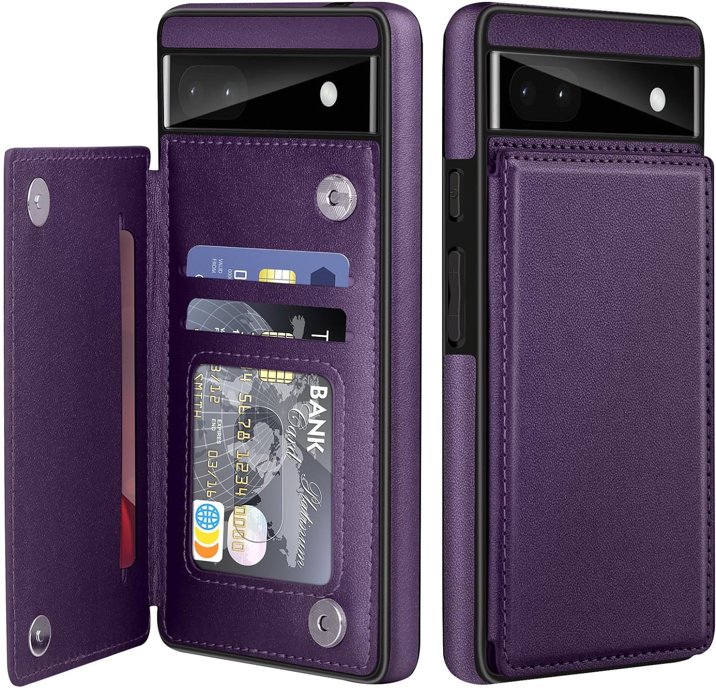 For Google Pixel 6A Case Leather Wallet with Card Holder, Flip Cover Kickstand Card Slots Magnetic Closure Shockproof Heavy Duty Protective Case for Google Pixel 6A 6.1Inch 5G-Rose Gold  Bizzib Dark Purple  