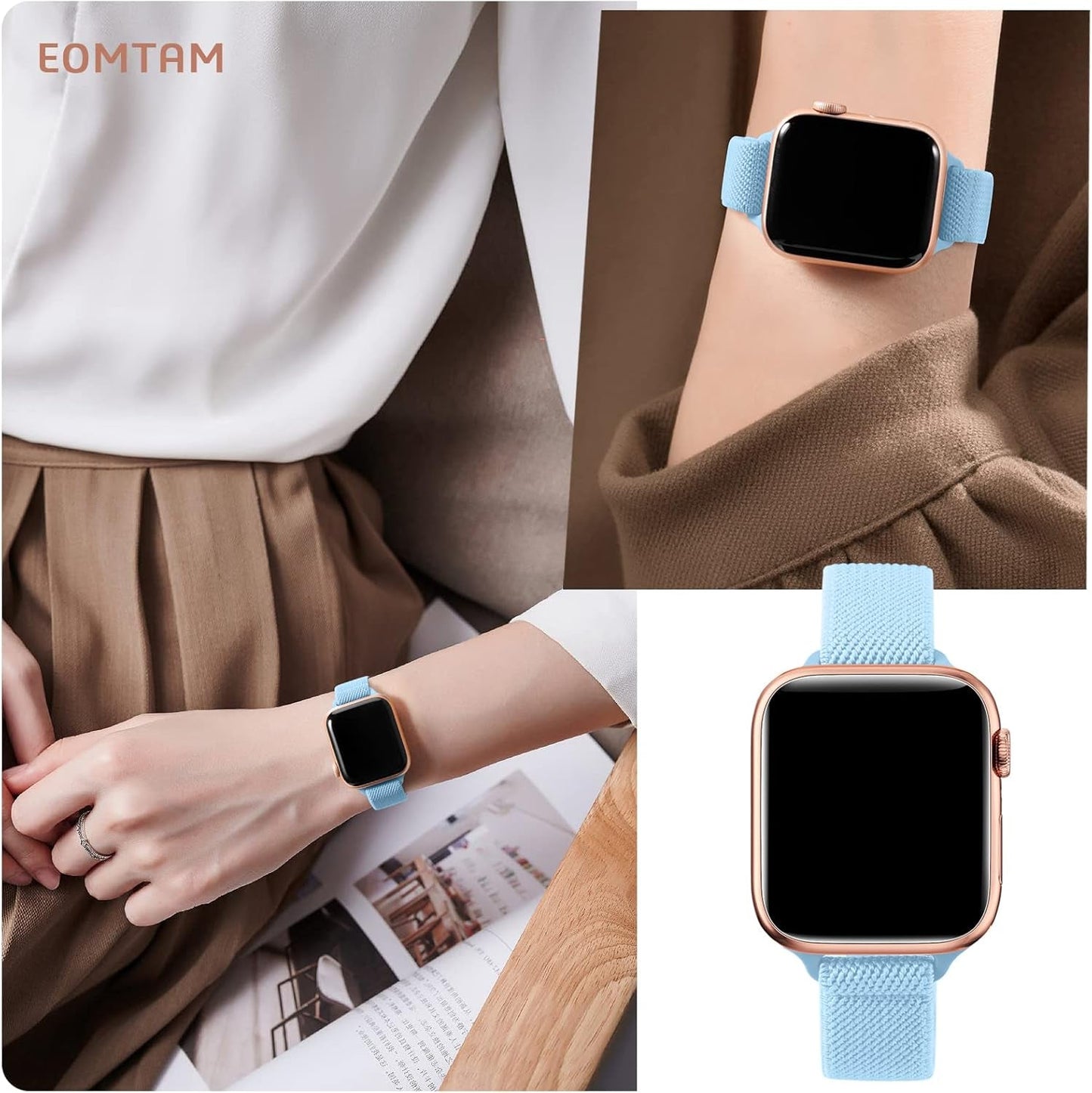 EOMTAM 6 Pack Slim Stretchy Compatible for Apple Watch Band 38Mm 40Mm 41Mm 42Mm 44Mm 45Mm Women,Lady Nylon Thin Elastics Wristbands Solo Loop Straps for Iwatch Series 8 7 6 SE 5 4 3