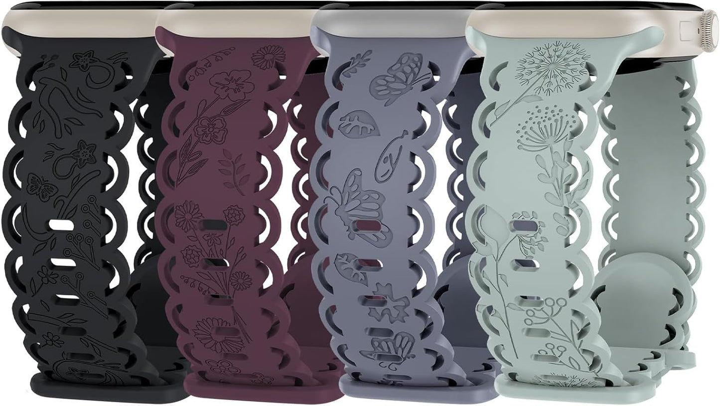 4 Pack Floral Engraved Silicone Bands Compatible with Apple Watch Band 38Mm 40Mm 41Mm 42Mm 44Mm 45Mm 49Mm Women, Soft Lace Cute Strap Flower Wristbands for Iwatch Series 9 8 7 6 5 4 3 2 1 SE Ultra