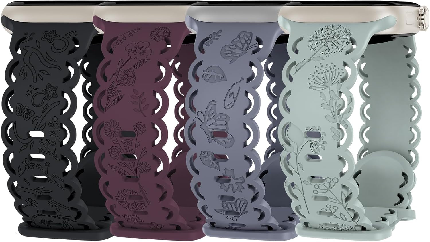 4 Pack Floral Engraved Silicone Bands Compatible with Apple Watch Band 38Mm 40Mm 41Mm 42Mm 44Mm 45Mm 49Mm Women, Soft Lace Cute Strap Flower Wristbands for Iwatch Series 9 8 7 6 5 4 3 2 1 SE Ultra