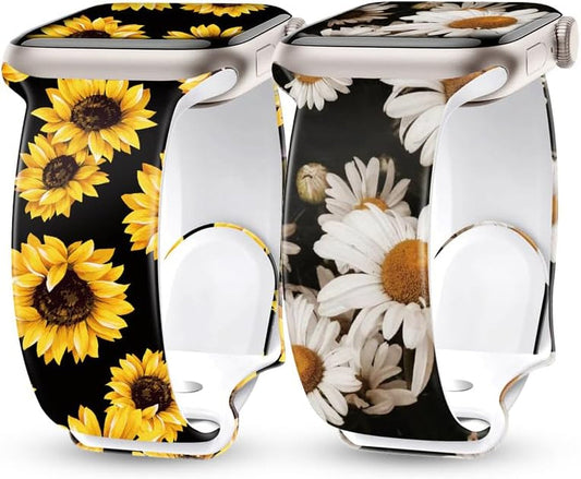 2 Pack Silicone Floral Band for Apple Watch Bands 41Mm 40Mm 38Mm for Women, Cute Flower Printed for Iwatch Bands, Fancy Dressy Soft Sport Strap for Apple Watch Band Series 9 8 7 SE 6 5 4 3