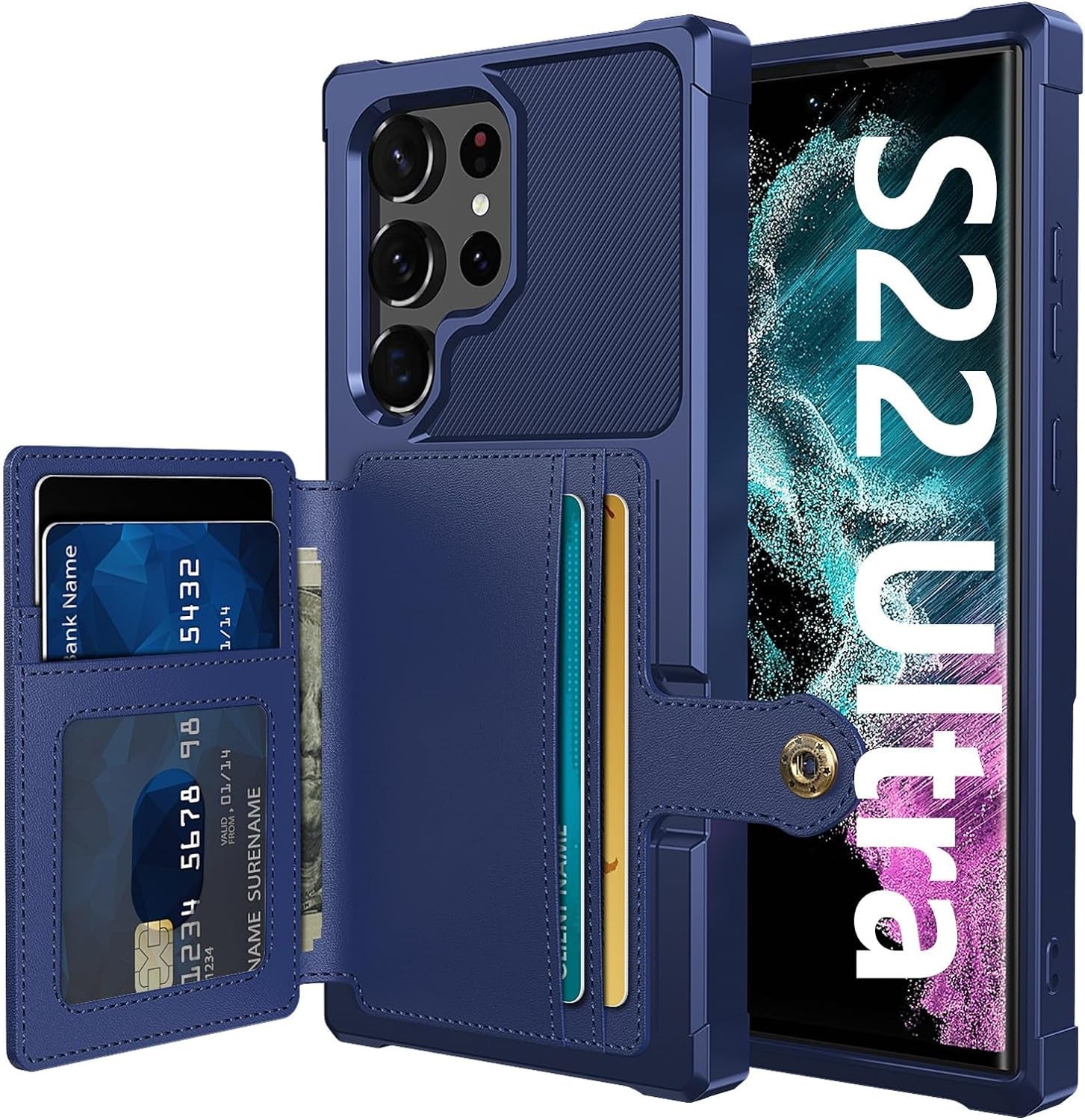 For Samsung Galaxy S22 Ultra Case with Card Holder, Compatible with Magnetic Car Mount, Heavy Duty Shockproof Rugged Soft TPU Back Leather Flip Wallet Cover 6.8 Inch, Red