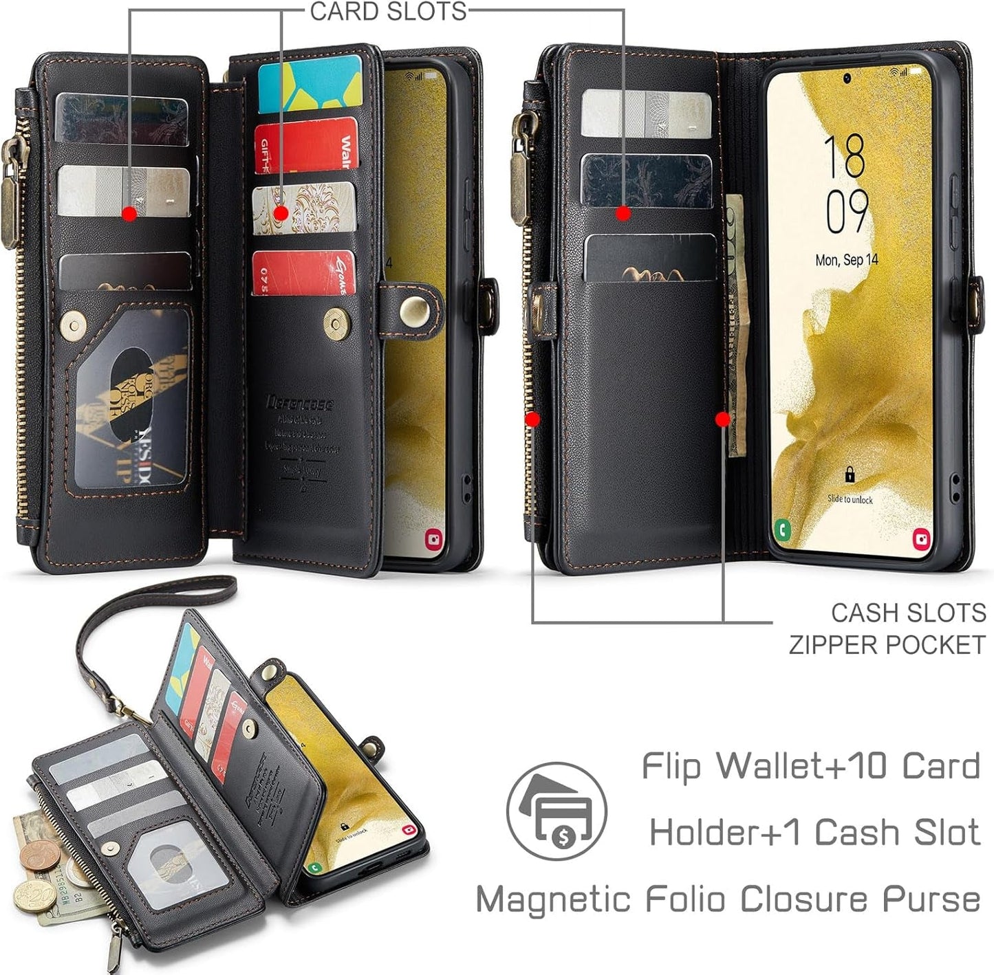 Defencase for Galaxy S22 plus Case, 【RFID Blocking】 for Samsung Galaxy S22 plus Case Wallet for Women Men with Card Holder, Zipper Strap Magnetic Flip PU Leather Phone Case for Samsung S22 Plus, Black