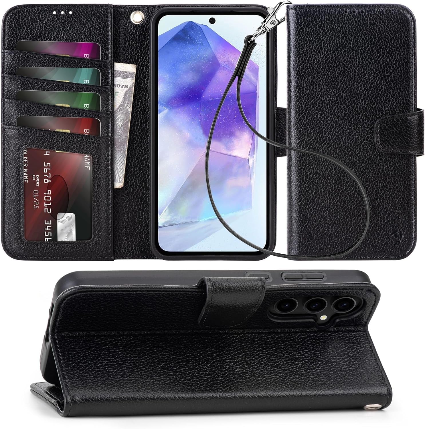 Arae Case for Samsung Galaxy S22 Ultra 5G PU Leather Wallet Case Cover [Stand Feature] with Wrist Strap and [4-Slots] Id&Credit Cards Pocket (S22 Ultra-6.8 Inch, Black)