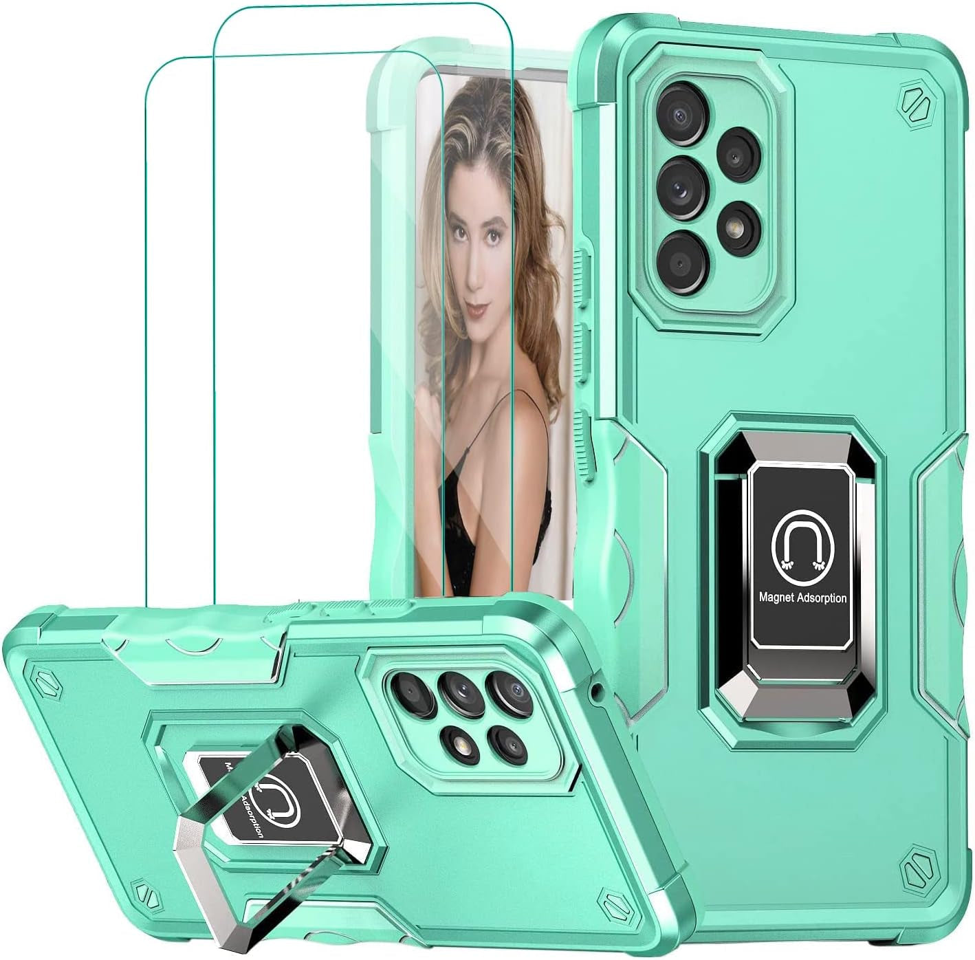 For Samsung Galaxy A53 Case with Tempered Glass Screen Protector [2 Pack],Galaxy A53 5G Military Grade Shockproof Protective & Built in Metal Ring Magnetic Kickstand Cover (Black)