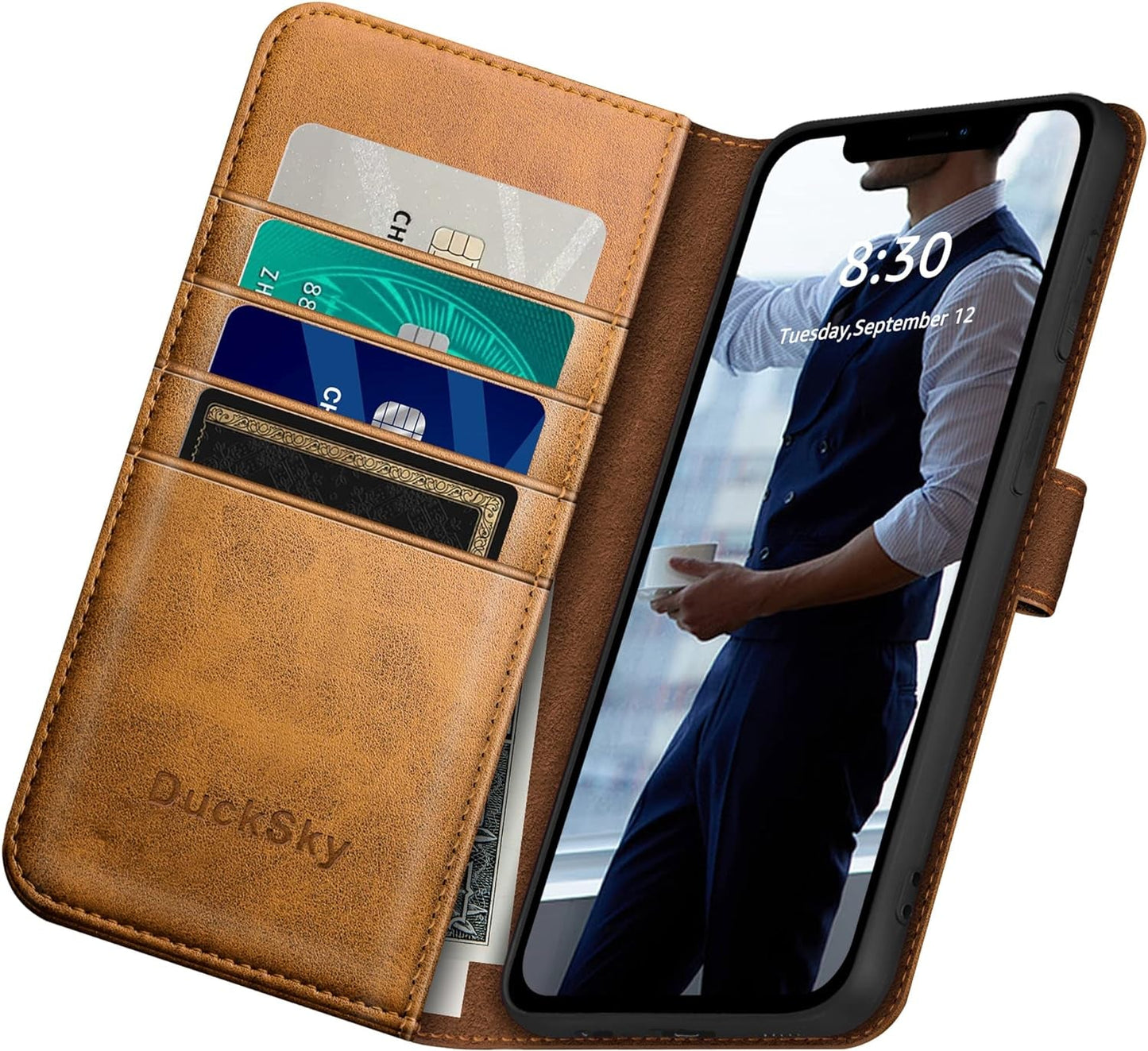 Ducksky for Iphone 15 Pro 6.1" Genuine Leather Wallet Case 【RFID Blocking】【4 Credit Card Holder】【Real Leather】 Flip Folio Book Phone Case Protective Cover Women Men for Apple 15 Pro Case Khaki  DuckSky   