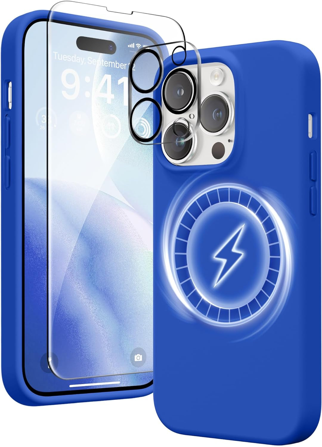 GONEZ for Iphone 14 Pro Max Case Silicone, Compatible with Magsafe, with 2X Screen Protector + 2X Camera Lens Protector, Liquid Silicone Shockproof Protective Iphone 14 Promax Case, Blue  GONEZ   