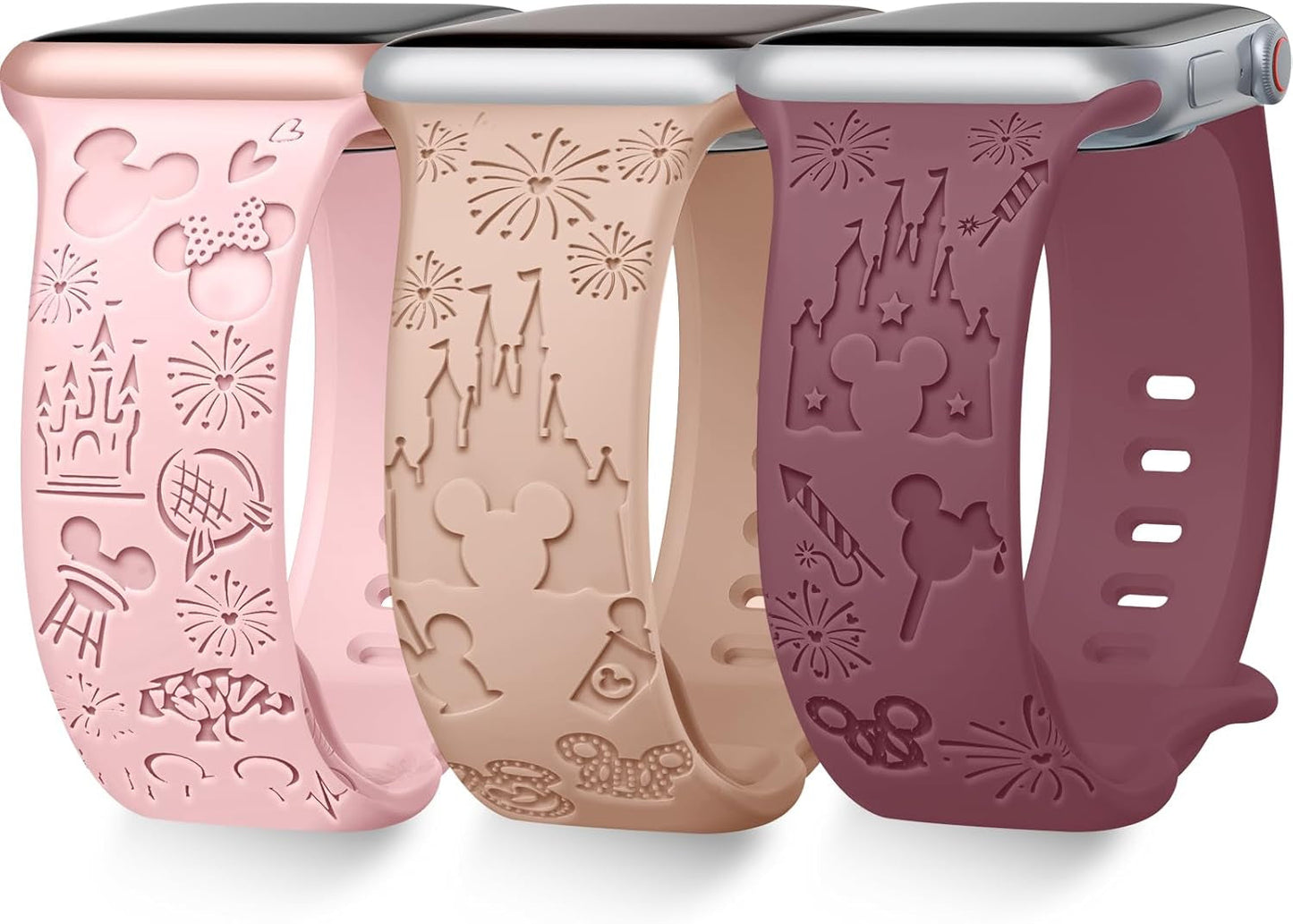 3 Pack Cartoon Engraved Band Compatible with Apple Watch Bands 40Mm 44Mm 41Mm 38Mm 45Mm 42Mm 49Mm Women,Cute Pattern Strap Soft Silicone Wristbands for Iwatch Series 8 7 6 SE 5 4 3 2 1 Ultra