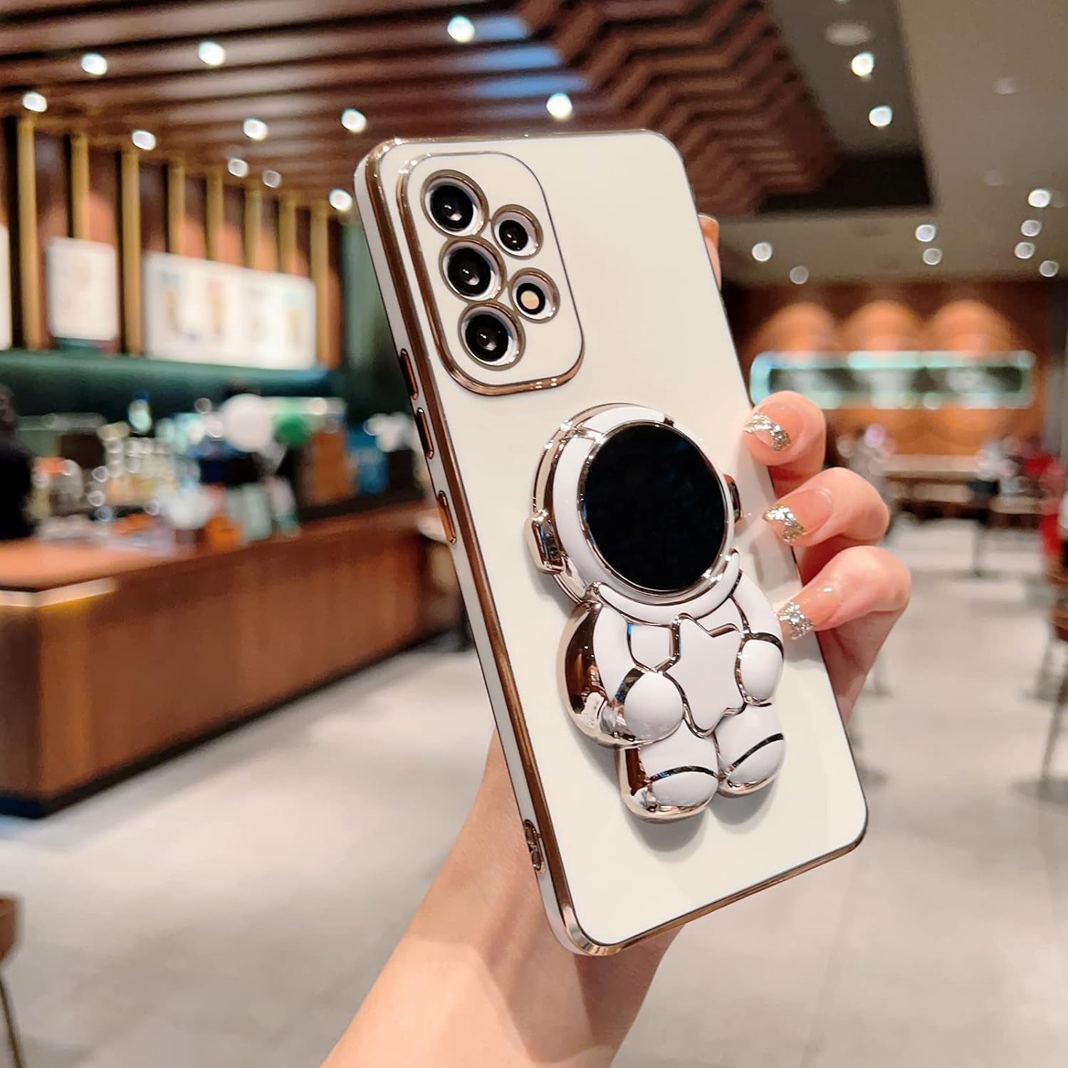 Compatible with Samsung Galaxy A53 5G Case, Plating Astronaut Hidden Stand Case Camera Len Protection Soft Silicone Shockproof Bumper Cute Case for Galaxy A53 6.5 Inch (White)