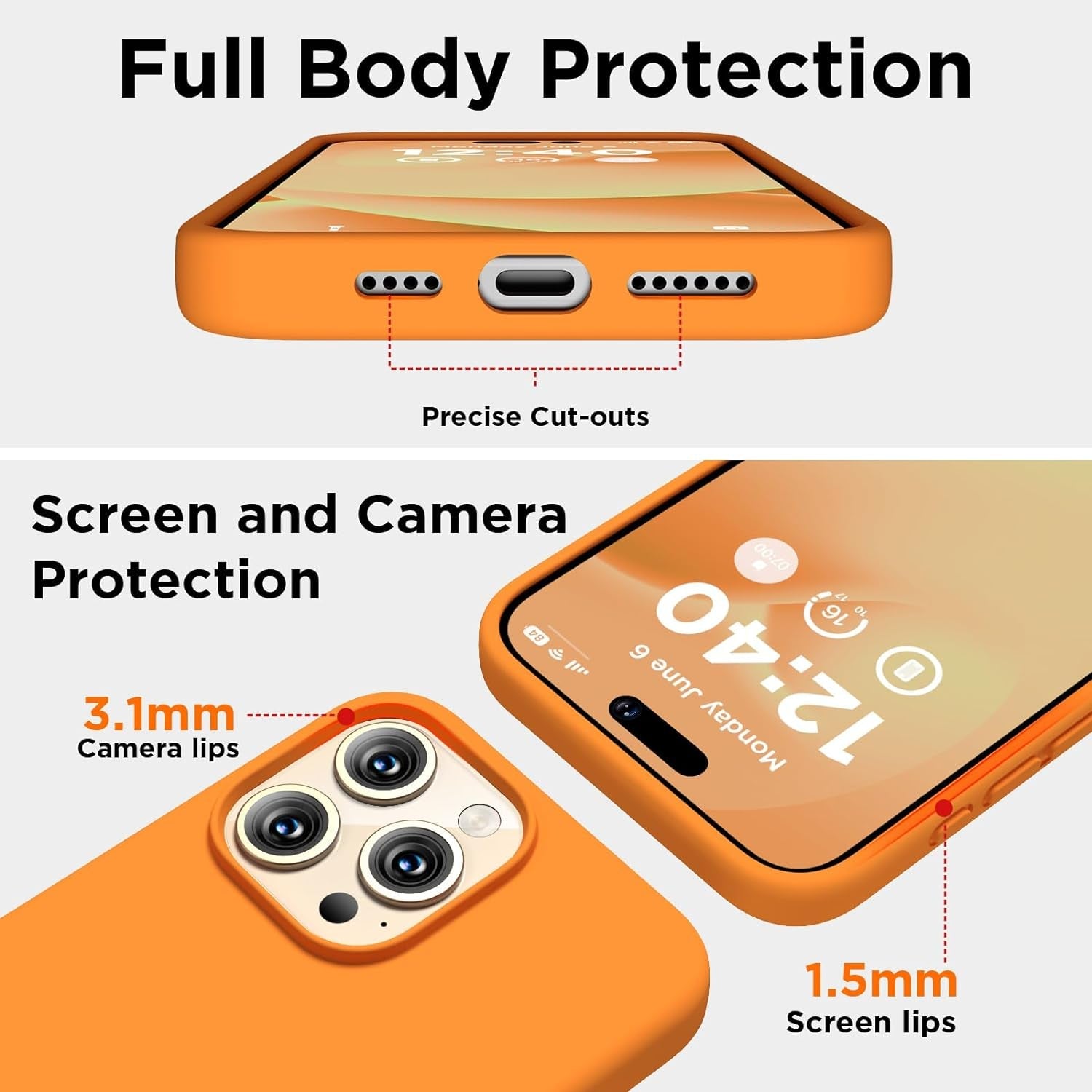 COFFKER Compatible with Iphone 15 Pro Case, Liquid Silicone Case, Full Body Shockproof Protective Cover Slim Thin Phone Case with Soft Anti-Scratch Microfiber Lining, 6.1 Inch-Orange  COFFKER   