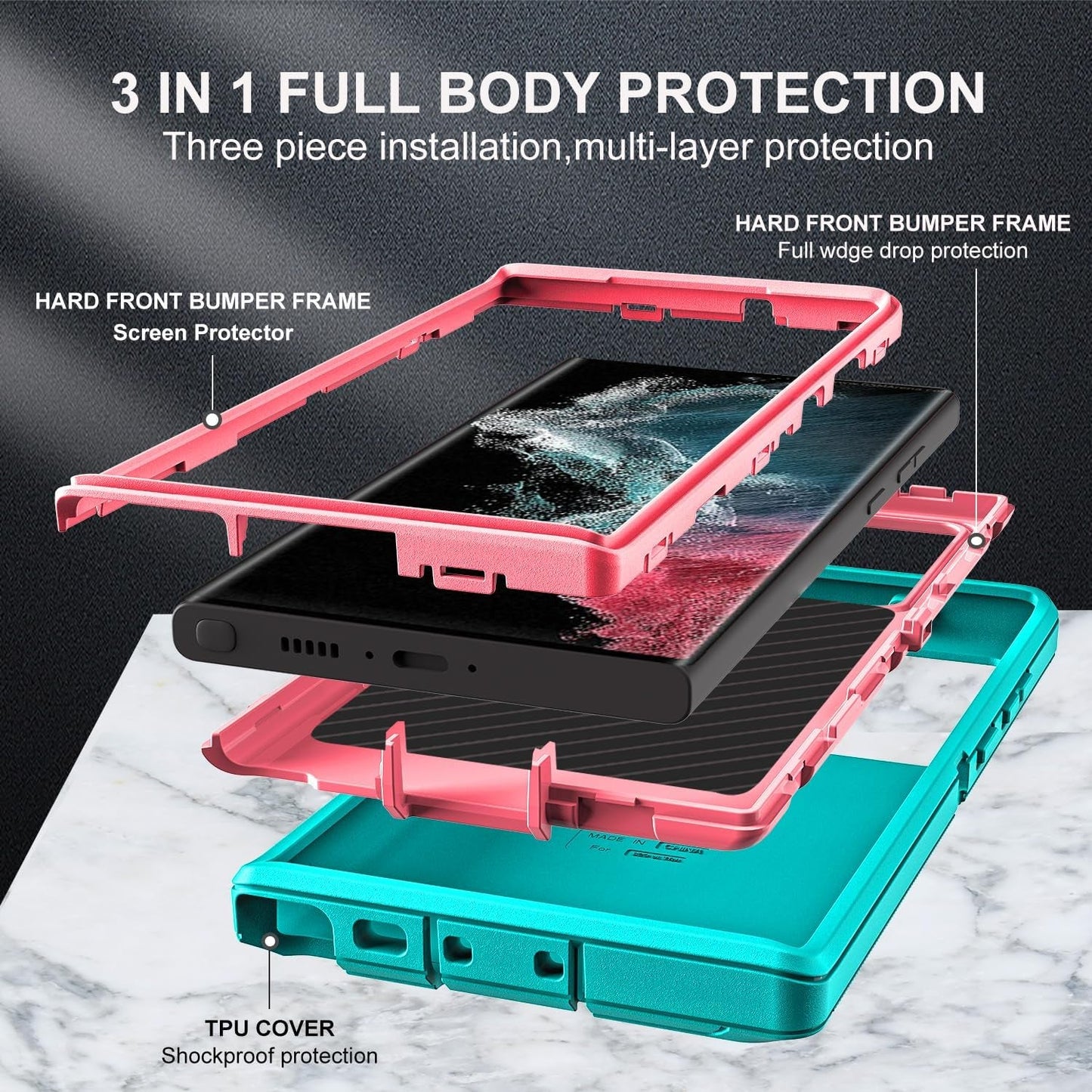 For Samsung Galaxy S22 Ultra Case, with 2Pcs [Self Healing Flexible TPU Screen Protector & Camera Lens Protector] Military Grade Heavy Duty Case for Galaxy S22 Ultra 5G (Aqua Blue/Pink)