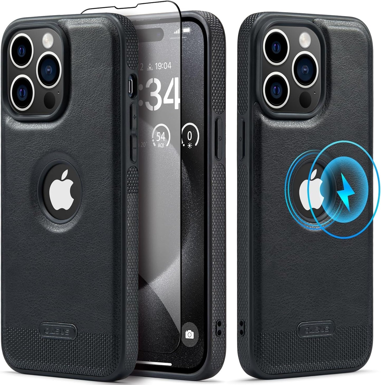 Casus Designed for Iphone 15 Pro Case Compatible with Magsafe Leather Slim Logo View Luxury Elegant Thin Cover with Tempered Glass Screen Protector (2023) 6.1" - Blue  Casus Black  