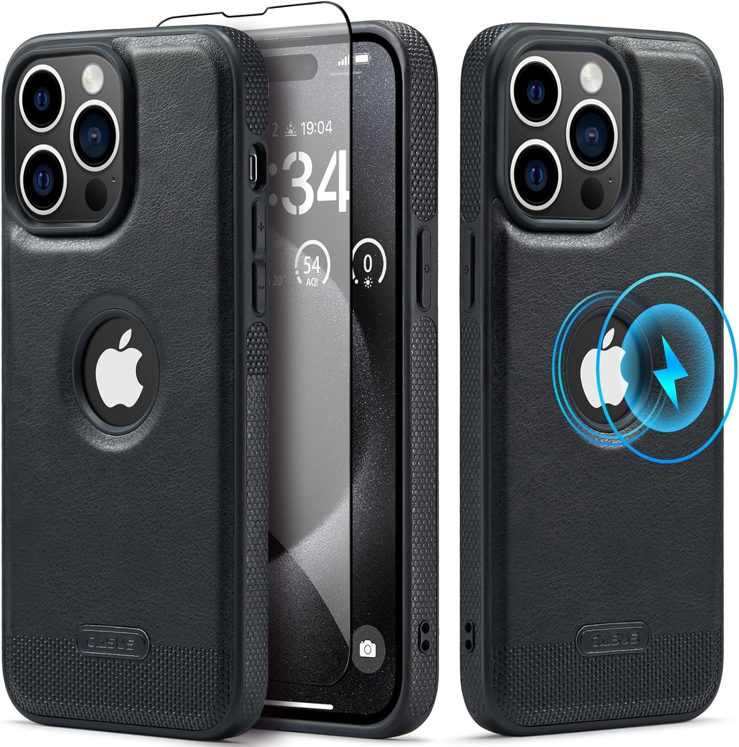 Casus Designed for Iphone 15 Pro Case Compatible with Magsafe Leather Slim Logo View Luxury Elegant Thin Cover with Tempered Glass Screen Protector (2023) 6.1" - Blue  Casus Black  