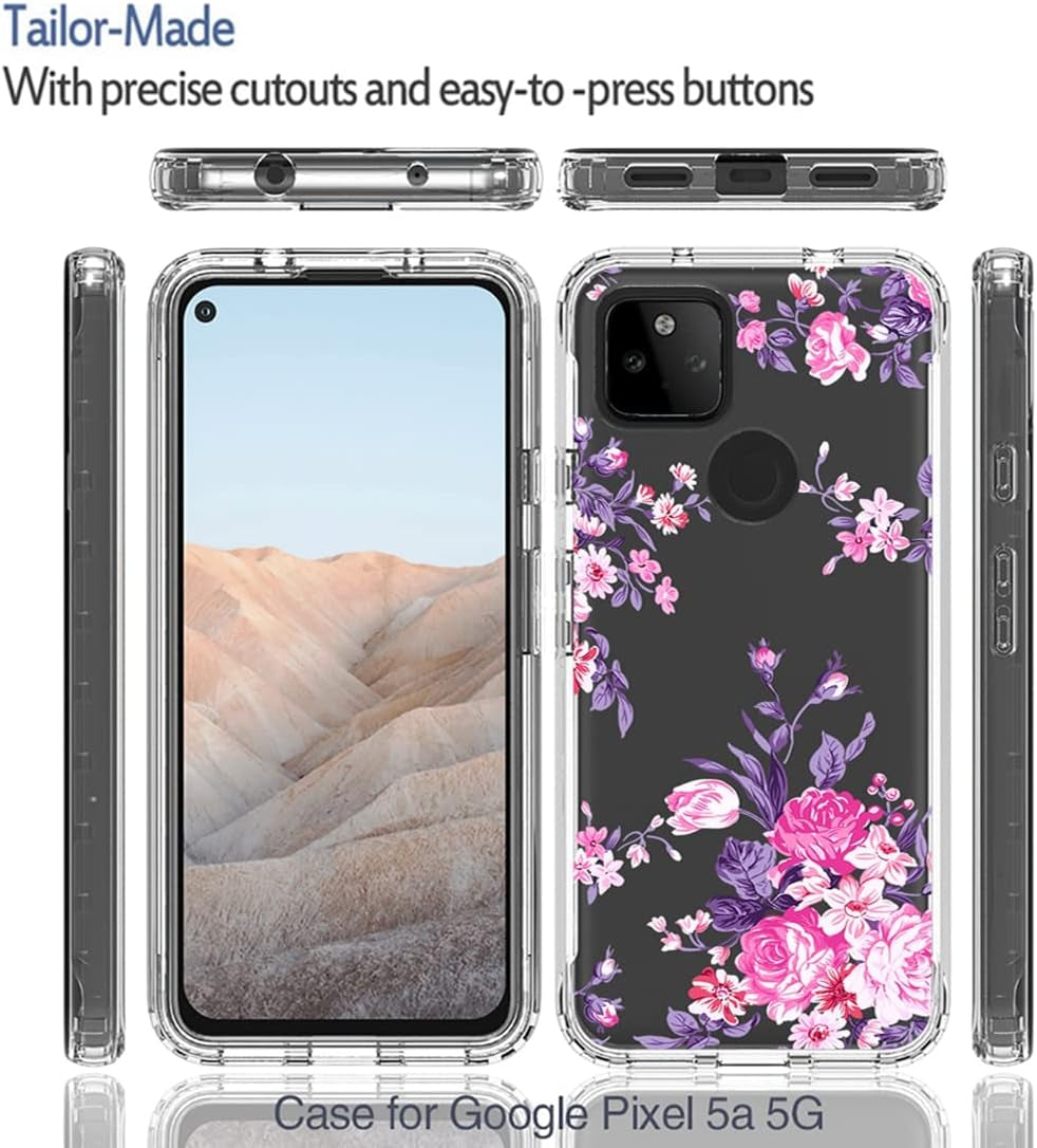 Case for Google Pixel 5A 5G Case with Tempered Glass Screen Protector, Full Body Shockproof Clear Floral Soft TPU Slim Phone Protective Armor Cover for Google Pixel 5A 5G (Rose Flower)  Sidande   
