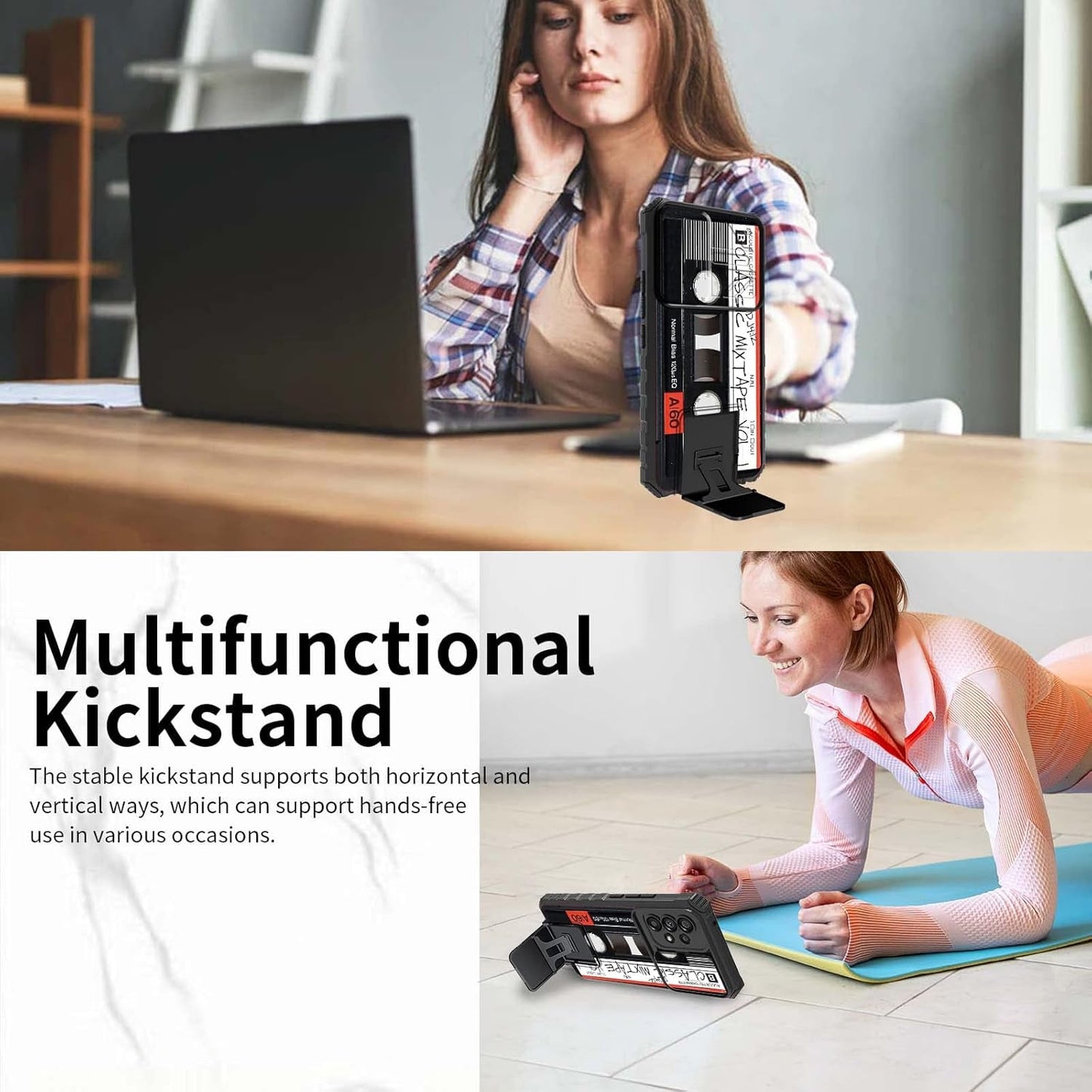 Galaxy A53 5G Phone Case with Slide Camera Cover Built-In Stand Kickstand Dual Layer Hybrid Shockproof Protective Case for Samsung Galaxy A53 5G, Retro Audio Cassette