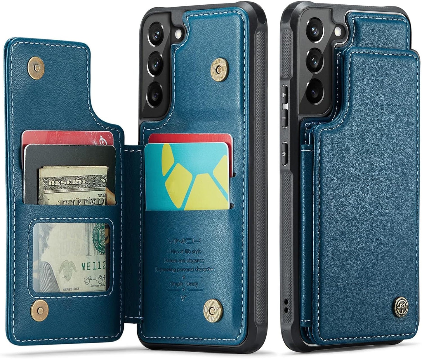 For Samsung Galaxy S22 Case with Card Holder, for Samsung S22 Wallet Case for Women Men with RFID Blocking, Durable Kickstand Shockproof Phone Case for Galaxy S22 5G, Bluish Green