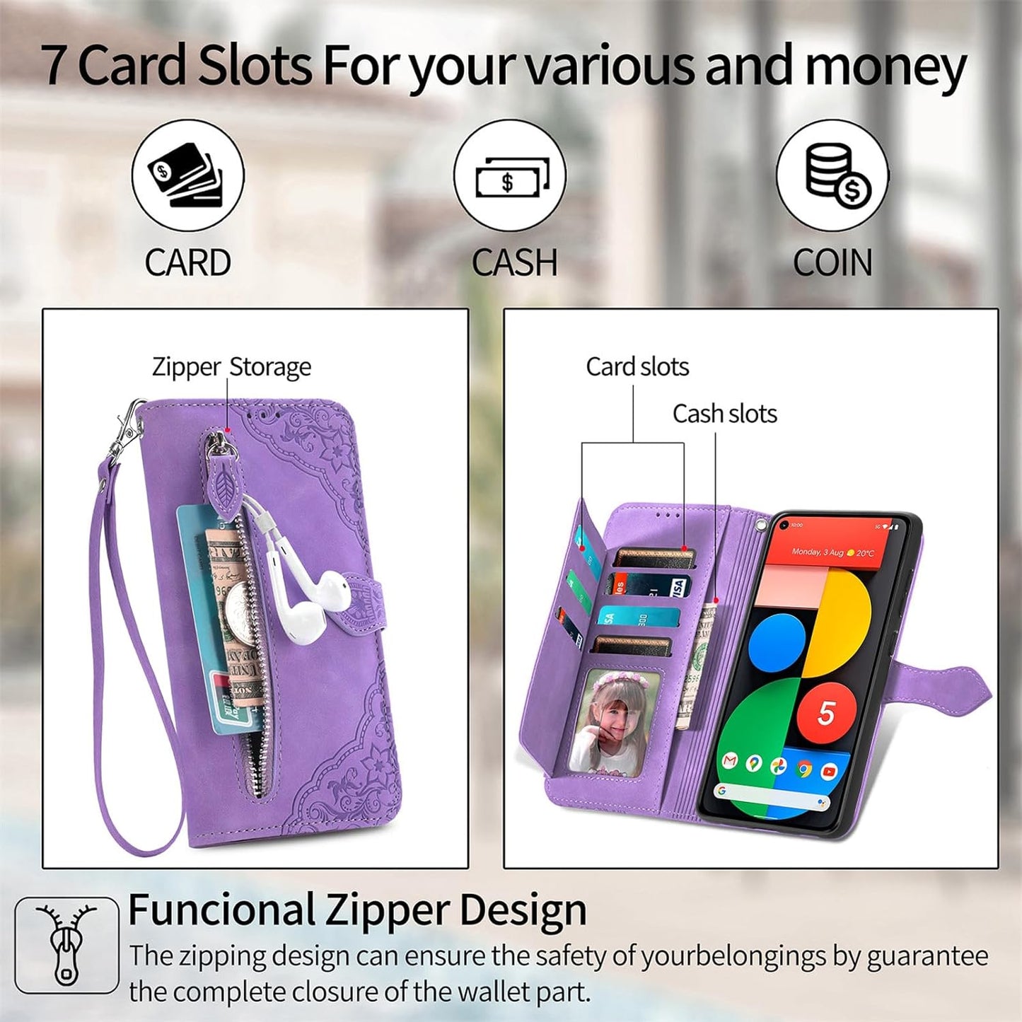 Compatible with Google Pixel 5 Wallet Case with Wrist Strap Lanyard PU Leather Flip Folio Case Card Holder Stand Cell Accessories Phone Cover for Pixel5 5G Pixle Five G5 Women Purple  Furiet   