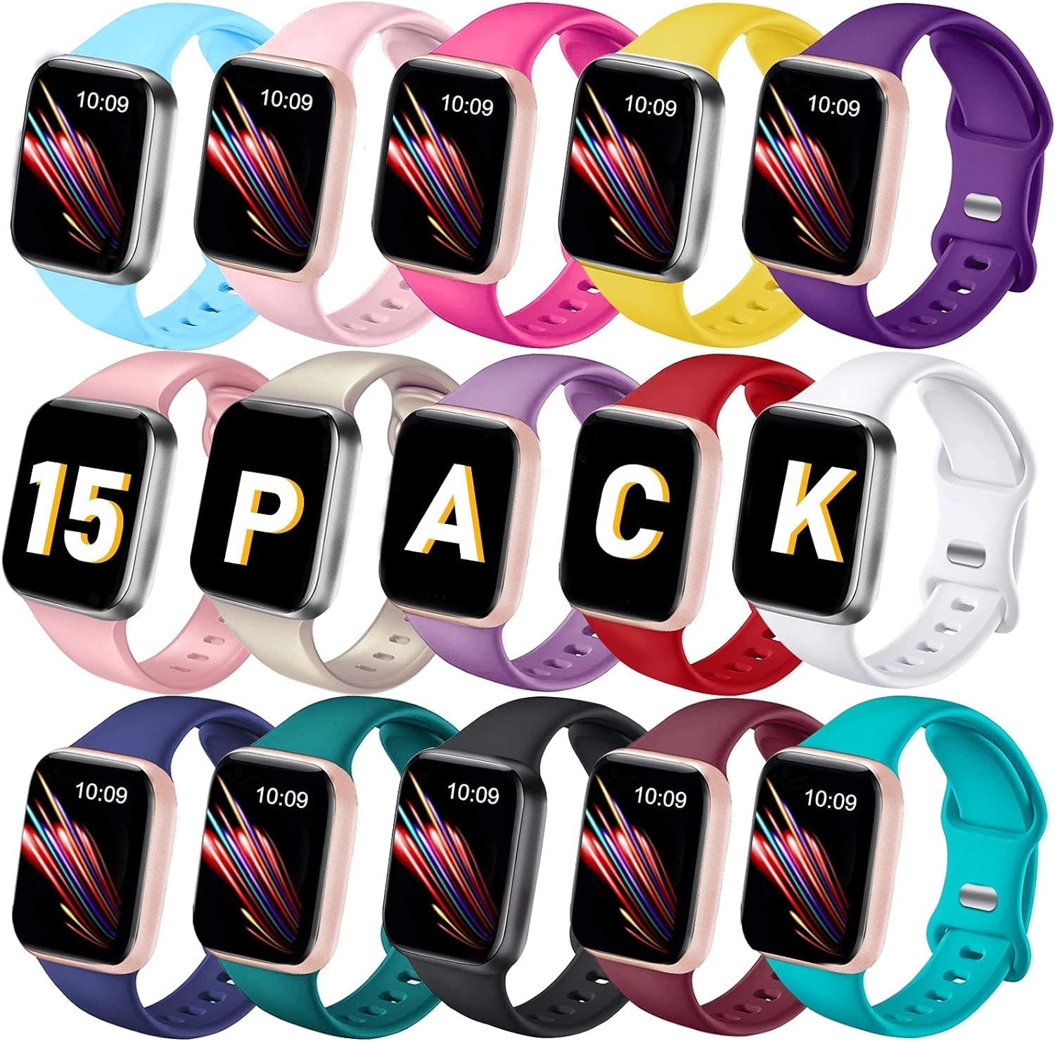 15 Pack Bands Compatible with Apple Watch Band 38Mm 40Mm 41Mm 42Mm 44Mm 45Mm 49Mm for Women Men, Soft Silicone Sport Replacement Strap Wristbands for Iwatch Series Ultra 8/7/6/5/4/3/2/1/ SE