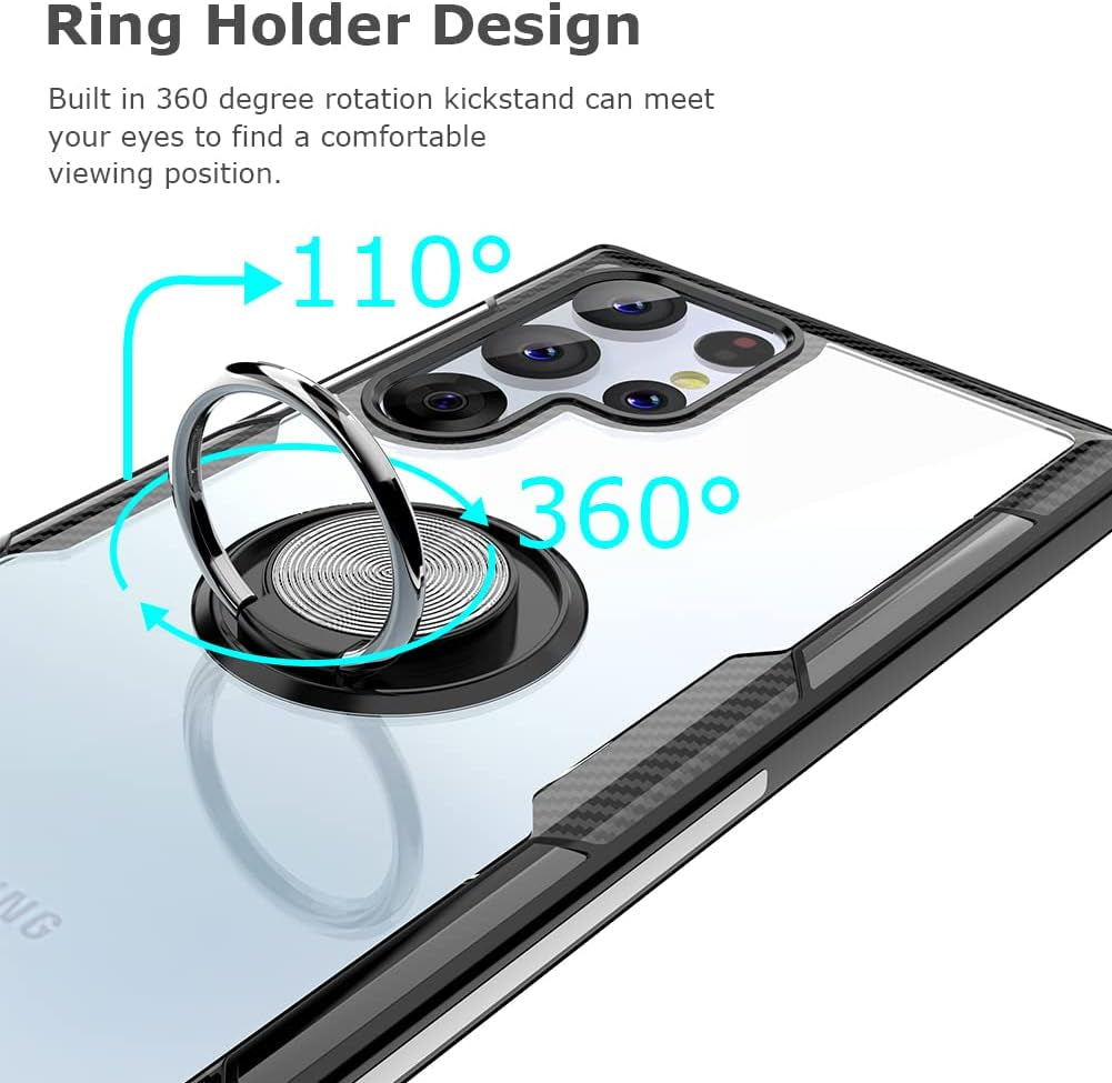 Galaxy S22 Ultra Case with 9H Tempered Glass Camera Screen Protector, Carbon Fiber Design Crystal Clear Cover with Rotation Ring Kickstand [Work with Magnetic Car Mount] for Samsung Galaxy S22 Ultra