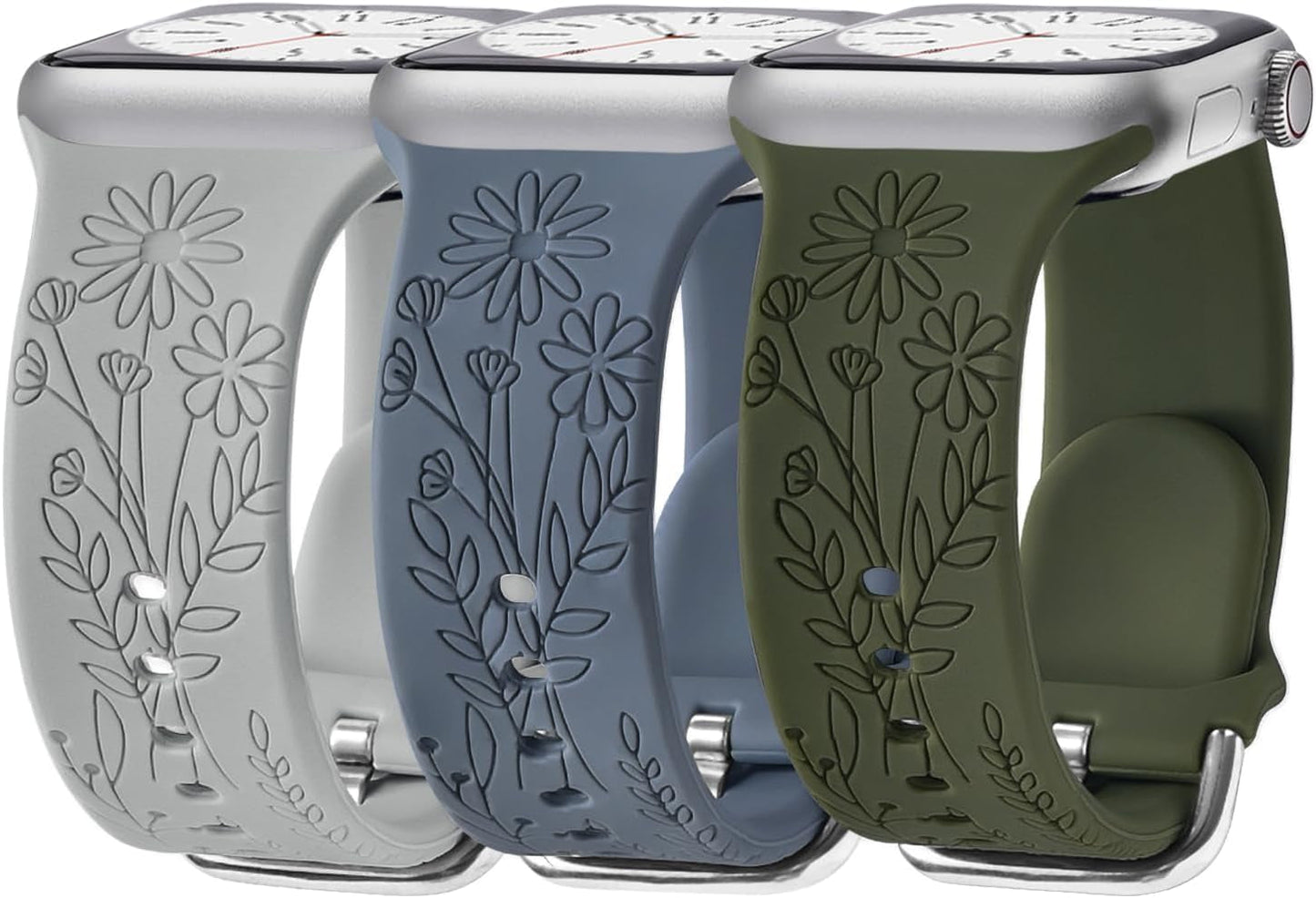 3 Pack Wildflower Engraved Bands Compatible with Apple Watch Band 40Mm 38Mm 41Mm 44Mm 42Mm 45Mm 49Mm Women, Floral Soft Silicone Sport Strap for Iwatch Bands Series SE 9 8 7 6 5 4 3 2 1 Ultra