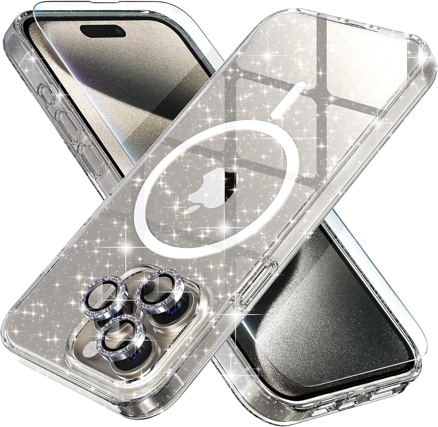 Choiche for Iphone 15 Pro Case Magnetic, Women Clear Glitter Bling Sparkly Case, [3Xdiamond Camera Lens Protectors] [2Xtempered Glass Screen Protectors] [Compatible Magsafe] (Glitter Clear)  Choiche   