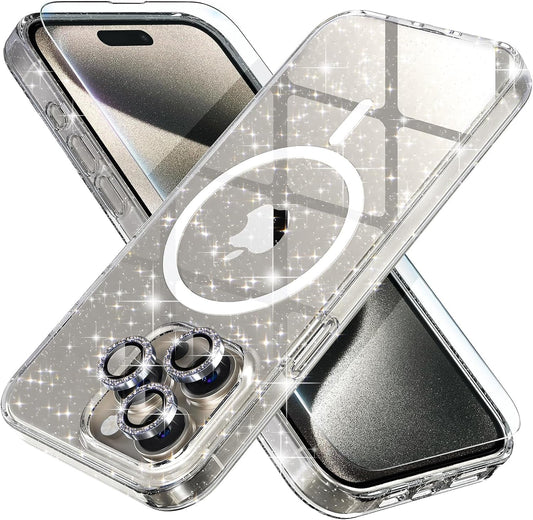 Choiche for Iphone 15 Pro Case Magnetic, Women Clear Glitter Bling Sparkly Case, [3Xdiamond Camera Lens Protectors] [2Xtempered Glass Screen Protectors] [Compatible Magsafe] (Glitter Clear)  Choiche   