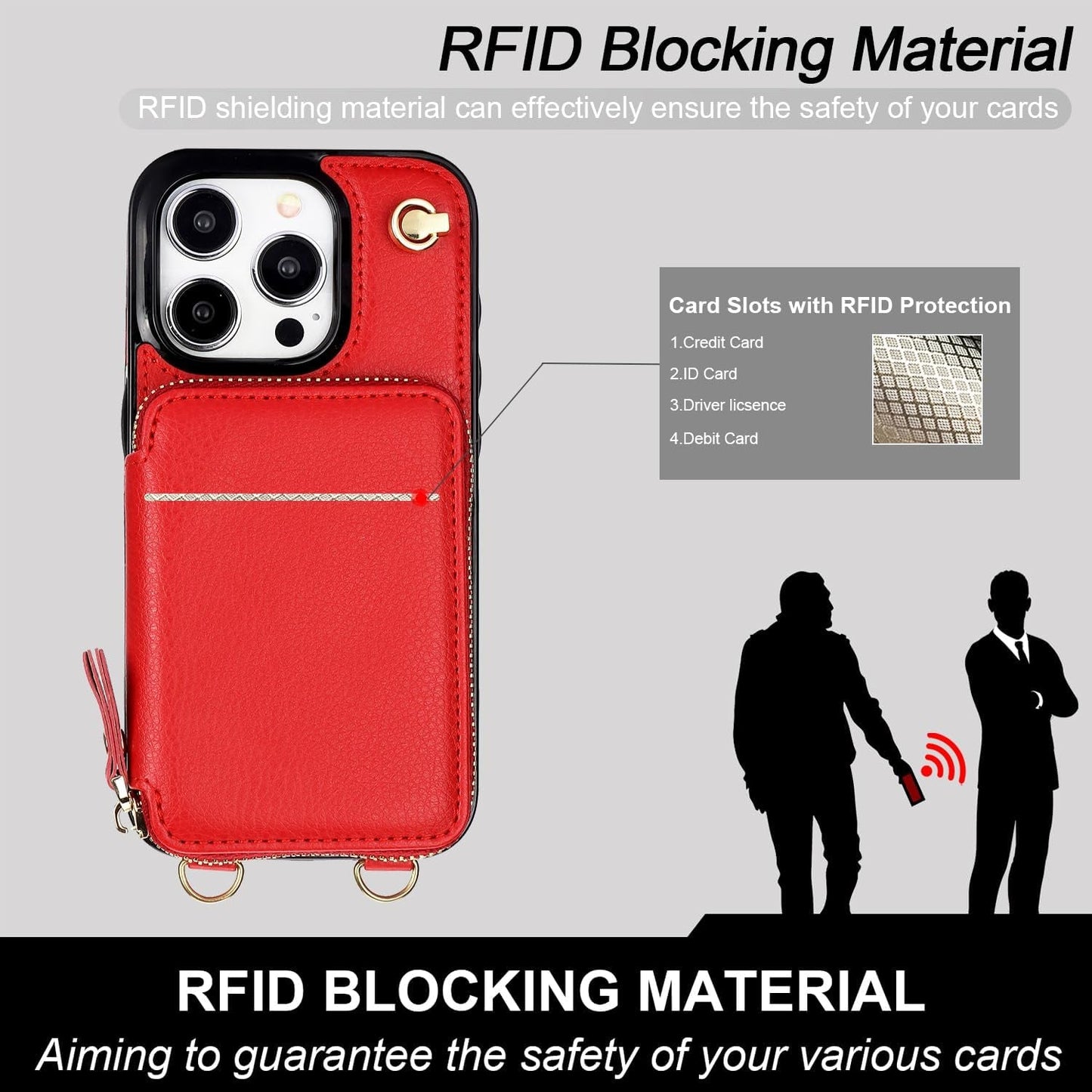 Bocasal Crossbody Wallet Case for Iphone 15 Pro, RFID Blocking Leather Purse Case with Card Holder, Protective Handbag Flip Cover with Zipper Wrist Strap Lanyard for Women 5G 6.1 Inch (Red)  Bocasal   