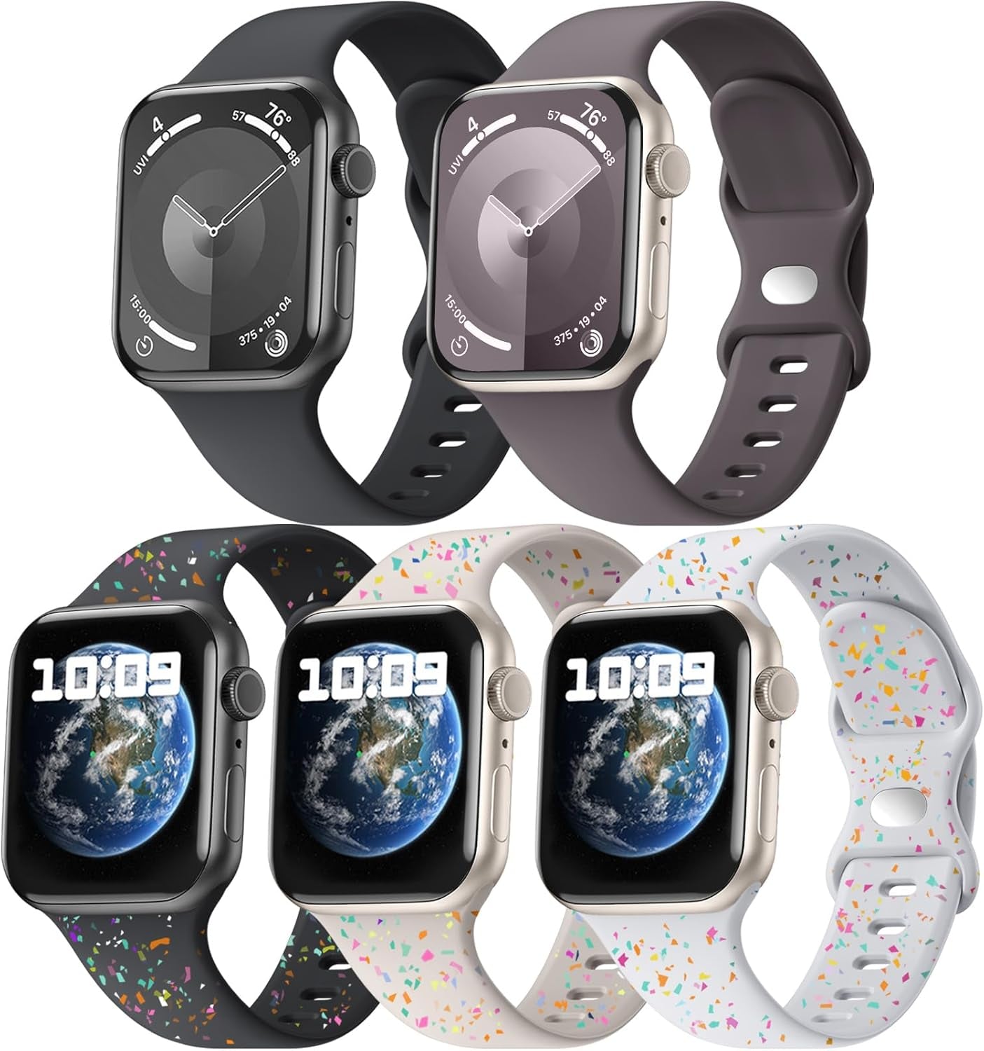 5 Pack Soft Silicone Bands - Compatible with Apple Watch Ultra 2 & Ultra Band 49Mm 45Mm 44Mm 42Mm 41Mm 40Mm 38Mm for Men Women, Breathable Sport Strap Band for Ultra 2 Iwatch Series 9 8 7 6 SE 5 4 3 2