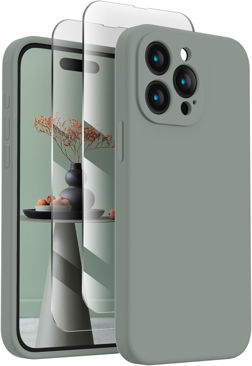 Firenova Designed for Iphone 15 Pro Case, Silicone Upgraded [Camera Protection] Phone Case with [2 Screen Protectors], Soft Anti-Scratch Microfiber Lining Inside, 6.1 Inch, Calke Green  FireNova Calke Green  