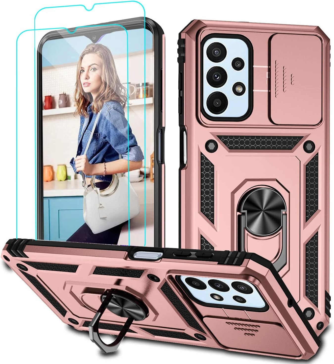 For Samsung Galaxy A53 5G Case with HD Screen Protector, Heavy Duty Shockproof Case with 360 ° Rotation Metal Kickstand [Military Grade] Protective Case for Samsung Galaxy A53 (Black)