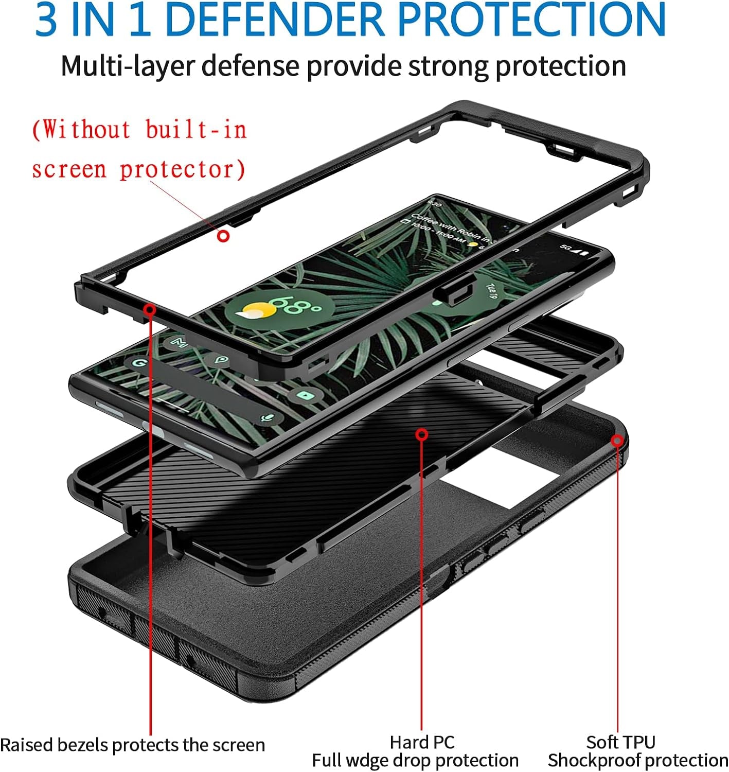 Anloes Case for Google Pixel 6, Pixel 6 Phone Case Heavy Duty Shockproof Dustproof Rugged Defender Protective, 3 in 1 Bumper Cover for Pixel 6 5G Black(Without Screen Protector)  Anloes   