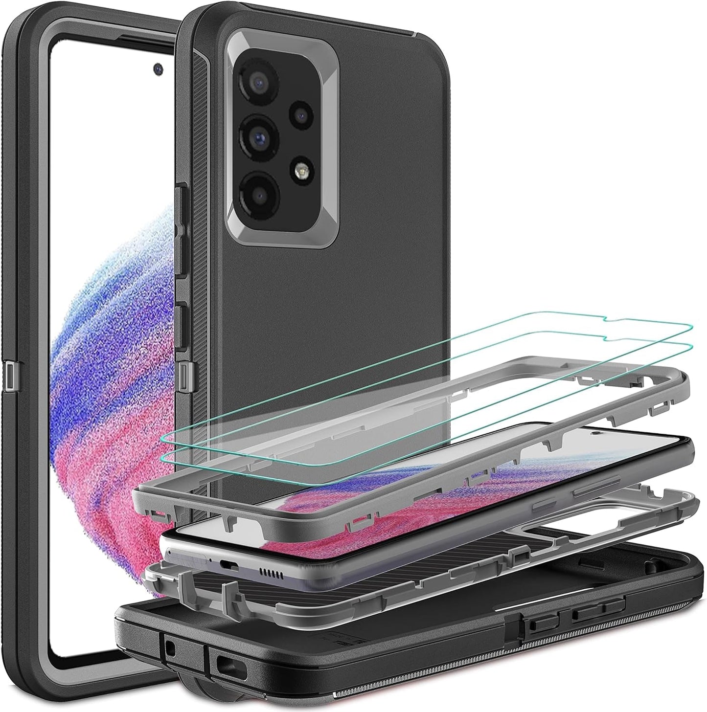 For Samsung A53 5G Case, Galaxy A53 5G Case with 2 Pcs Nano Explosion-Proof Film, 3 in 1 Full Body Shockproof Heavy Duty Protection Case for Samsung Galaxy A53 5G (Aqua Blue/Rose Pink)