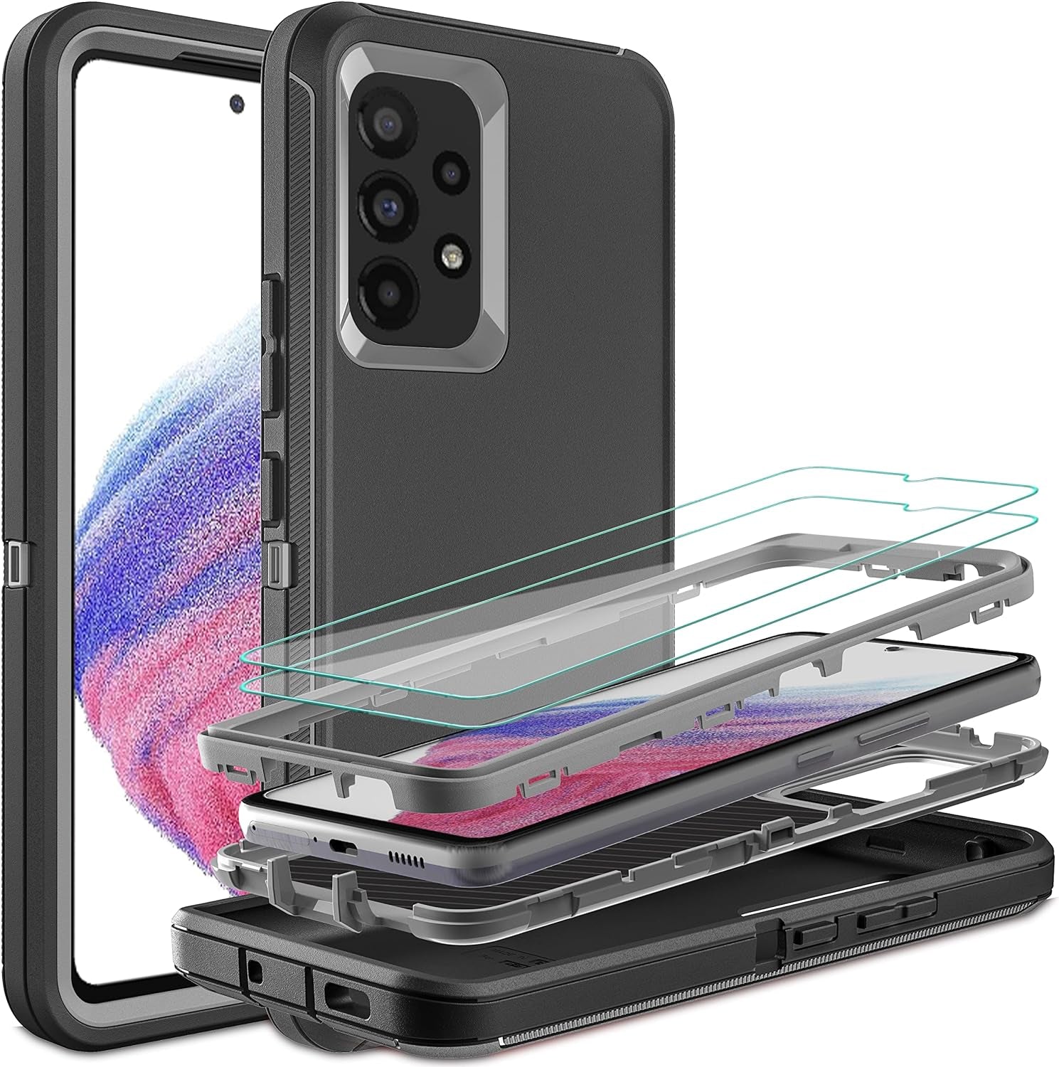 For Samsung A53 5G Case, Galaxy A53 5G Case with 2 Pcs Nano Explosion-Proof Film, 3 in 1 Full Body Shockproof Heavy Duty Protection Case for Samsung Galaxy A53 5G (Aqua Blue/Rose Pink)