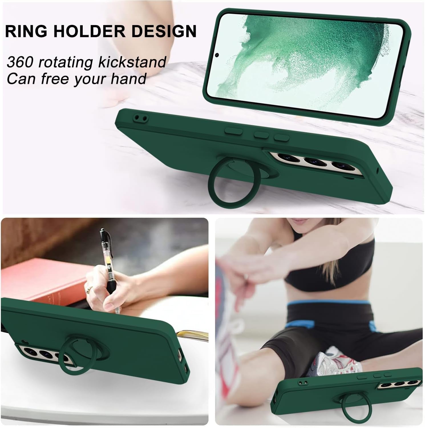 For Samsung Galaxy S22 plus Case with Magnetic Ring Holder [Premium Soft Liquid Silicone & Anti-Scratch Microfiber Liner] Slim Kickstand Protective Phone Case for Galaxy S22+ Dark Green