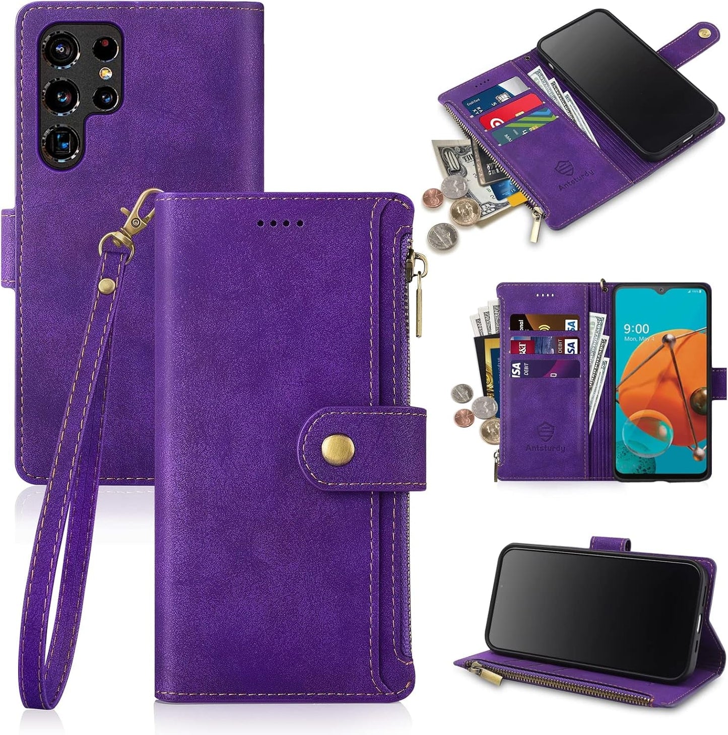 Antsturdy Samsung Galaxy S22 Ultra Wallet with Card Holder for Women Men,Galaxy S22 Ultra 5G Phone Case RFID Blocking PU Leather Flip Shockproof Cover with Strap Zipper Credit Card Slots,Dark Blue