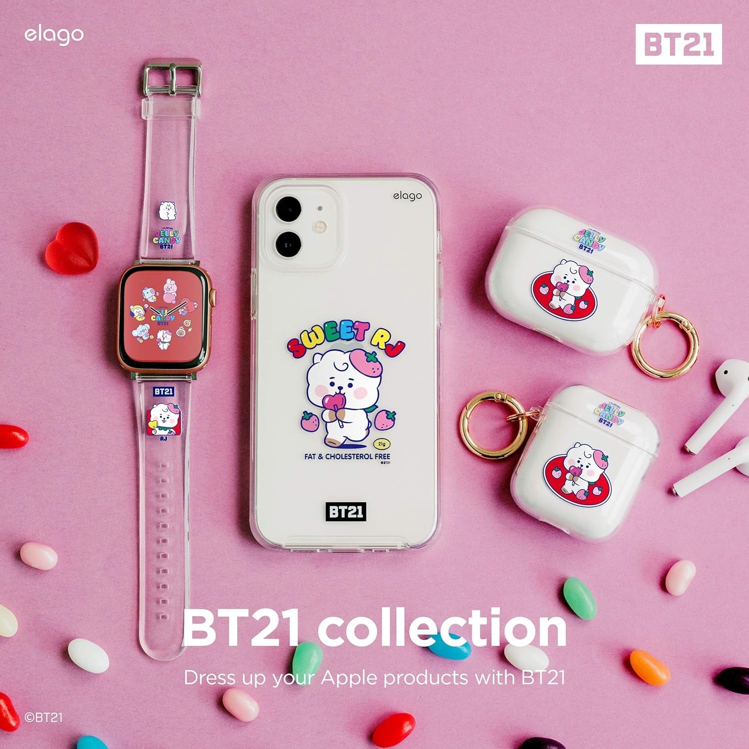 Elago BT21 Band Compatible with Apple Watch Band 38Mm 40Mm 41Mm 42Mm 44Mm 45Mm 49Mm Compatible with Iwatch Series Ultra2/Ultra/Se/9/8/7/6/Se/5/4/3/2/1, Soft Protective Strap [Official Merchandise]