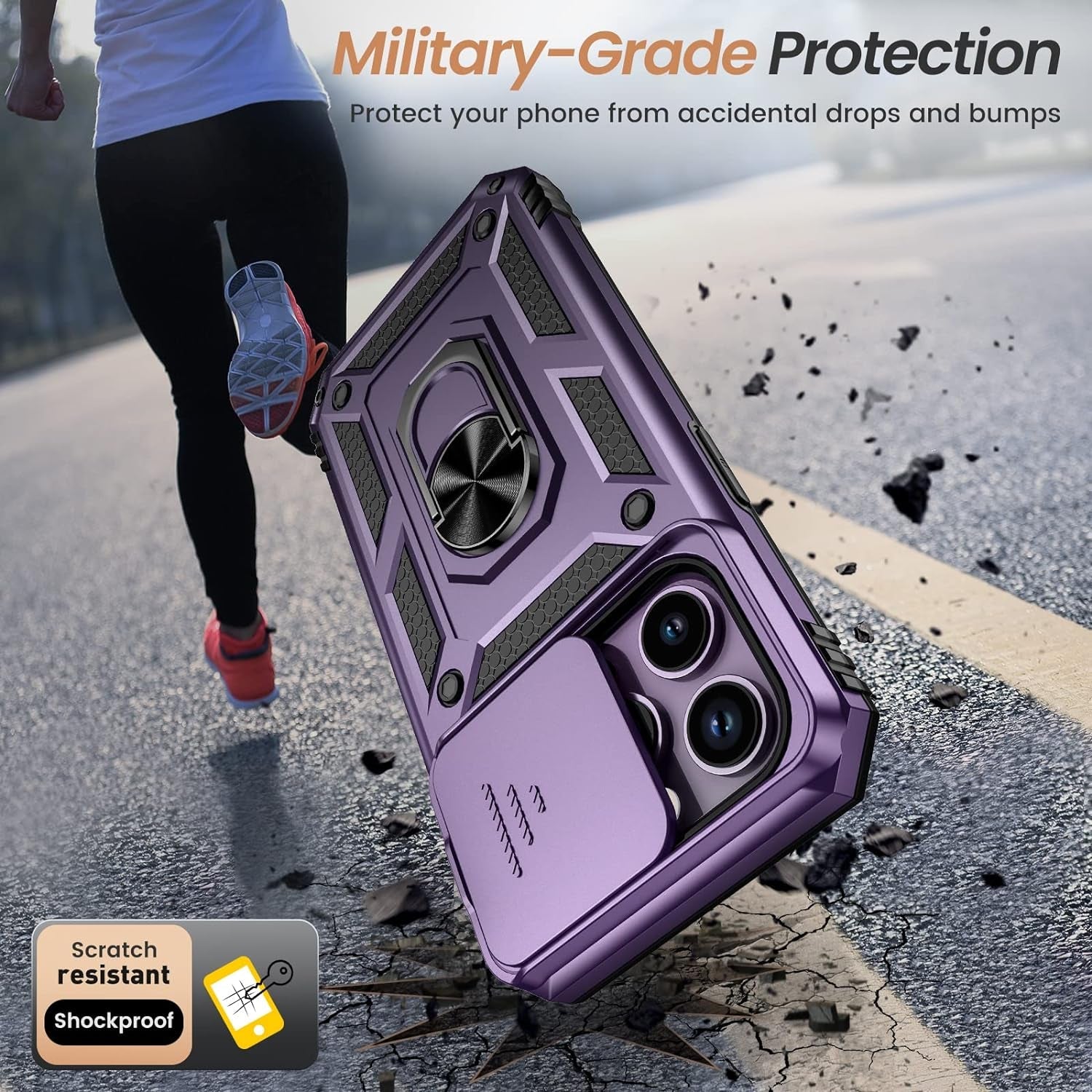 Goton for Iphone 14 Pro Case with Screen Protector - Slide Camera Cover Phone Case with Ring Stand, Heavy Duty Military Grade Shockproof Rugged Bumper for Iphone 14 Pro Accessories Dark Purple  Yin-Goton   