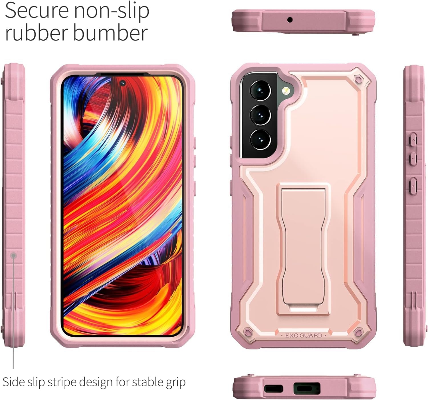 Exoguard for Samsung Galaxy S22 plus Case, Rubber Shockproof Heavy Duty Case with Screen Protector for Samsung S22 plus Phone, Built-In Kickstand (Pink)