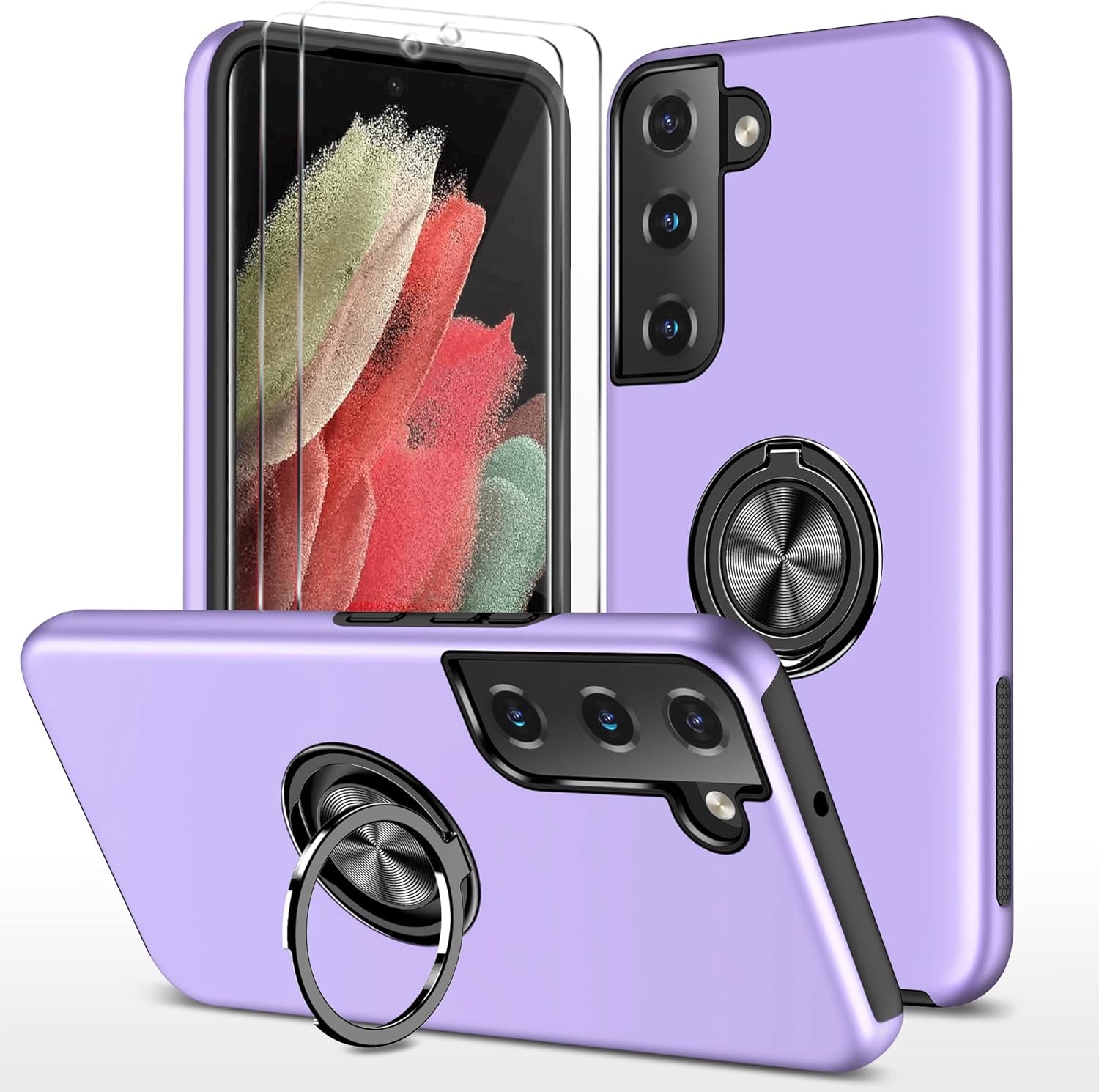 For Samsung Galaxy S22 Case, S22 Case with Self Healing Flexible TPU Screen Protector [2 Pack],Military Grade Double Shockproof Invisible Kickstand Case for Galaxy S22 (Purple)