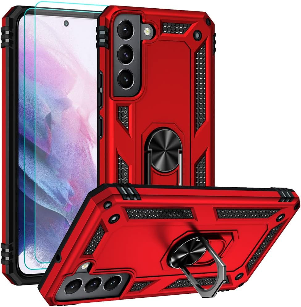 For Samsung S22 Case, Galaxy S22 Case with HD Screen Protectors, Military-Grade Metal Ring Holder Kickstand 15Ft Drop Tested Shockproof Cover Case for Samsung Galaxy S22 Black