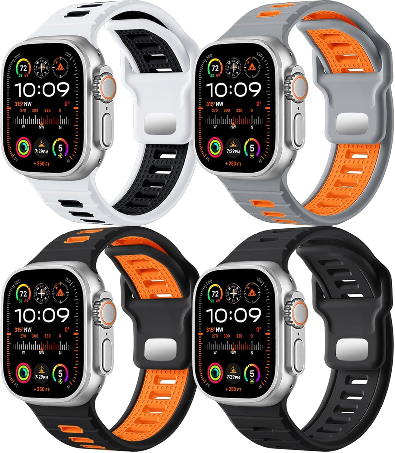 4Pack Sport Bands Compatible with Apple Watch Ultra 2/Ultra Band,Compatible with Apple Watch Bands for Men 49Mm 45Mm 44Mm 42Mm,Silicone Replacement Strap for Iwatch Series 9 8 7 6 5 4-1 SE