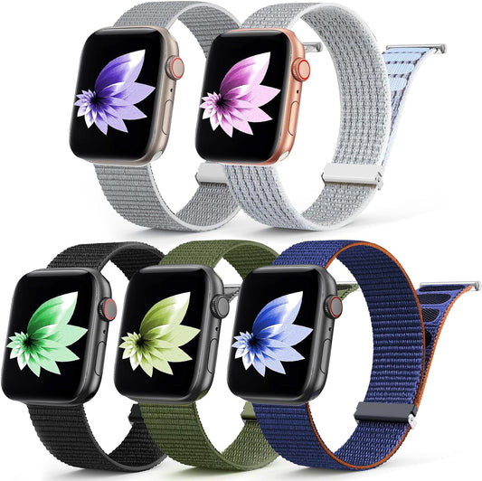 5 Pack Nylon Sport Loop Band Compatible with Apple Watch Bands 38Mm 40Mm 41Mm 42Mm 44Mm 45Mm 49Mm,Adjustable Braided Wristband Stretchy Strap for Iwatch Serie 9 Ultra SE2 SE 8 7 6 5 4 3 2 1 Gray Men
