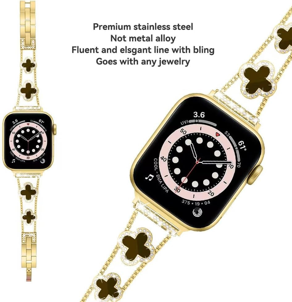Diamond Metal Band Adds Sparkle to Your Watch - Compatible with Apple Watch Series 8/7/6/5/4/3/2/1Se/Ultra - Clover Is Simple and Stylish, Fits Women'S Sizes 38Mm 40Mm 41Mm 42Mm 44Mm 45Mm 49Mm.(Gold/Black, 42Mm/44Mm/45Mm)